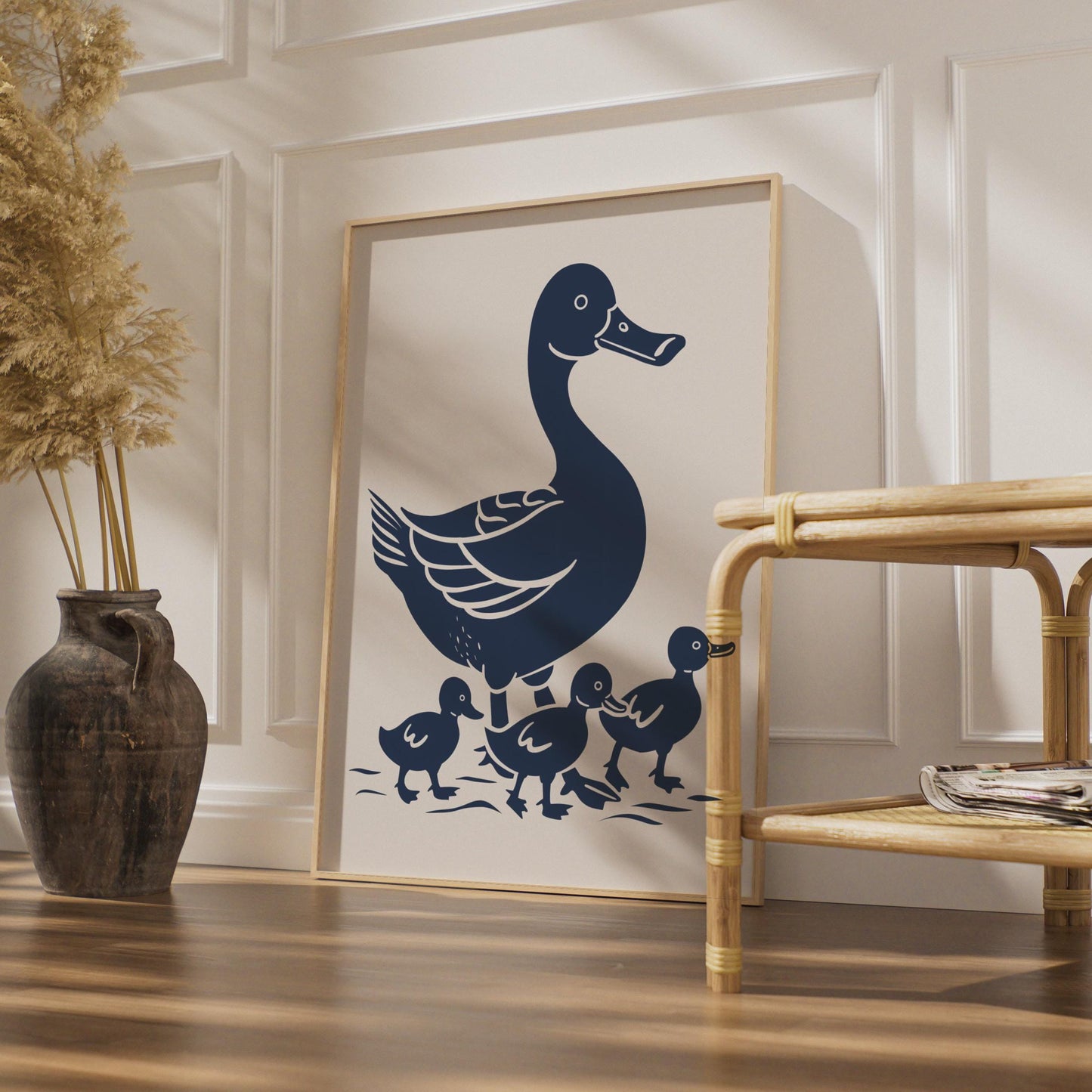 Duck Family Poster, Mother Duck Ducklings Wall Art, Navy Blue Animal Print, Nursery Decor wall art print
