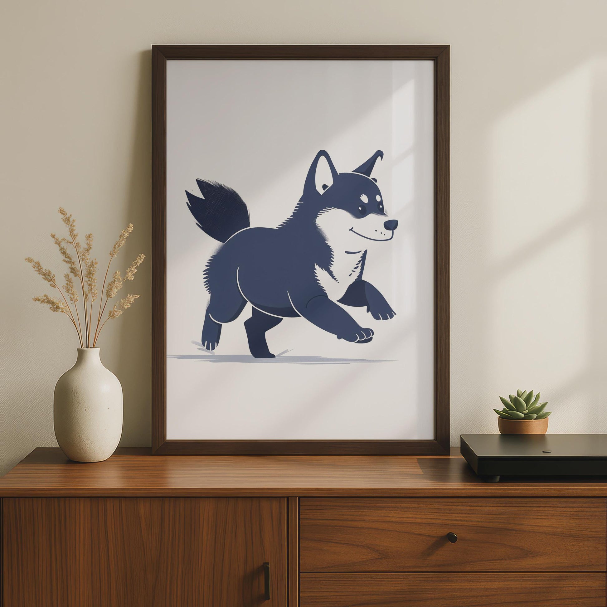 Shiba Inu Running Illustration, Navy Blue Dog Art Print, Minimalist Animal Decor wall art print