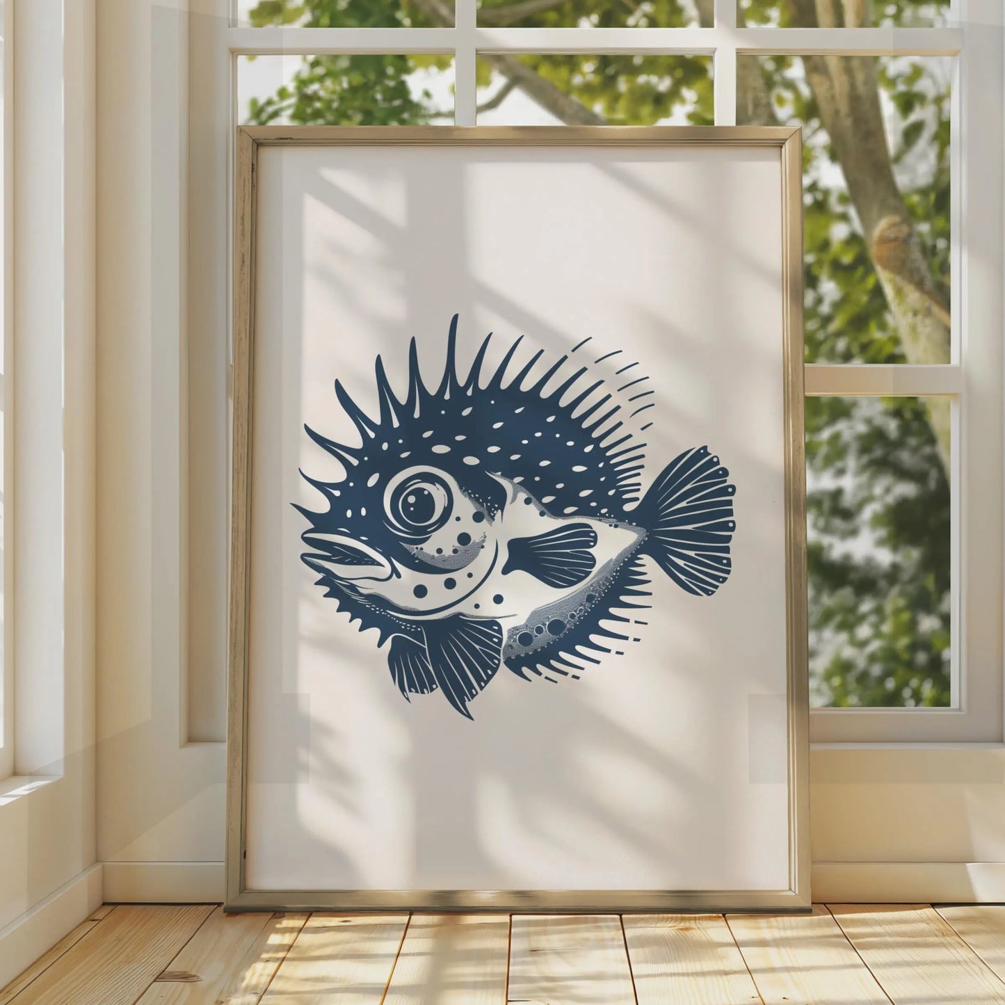 Puffer Fish Poster, Navy Blue Ocean Animal Print, Minimalist Sea Life Wall Art wall art print