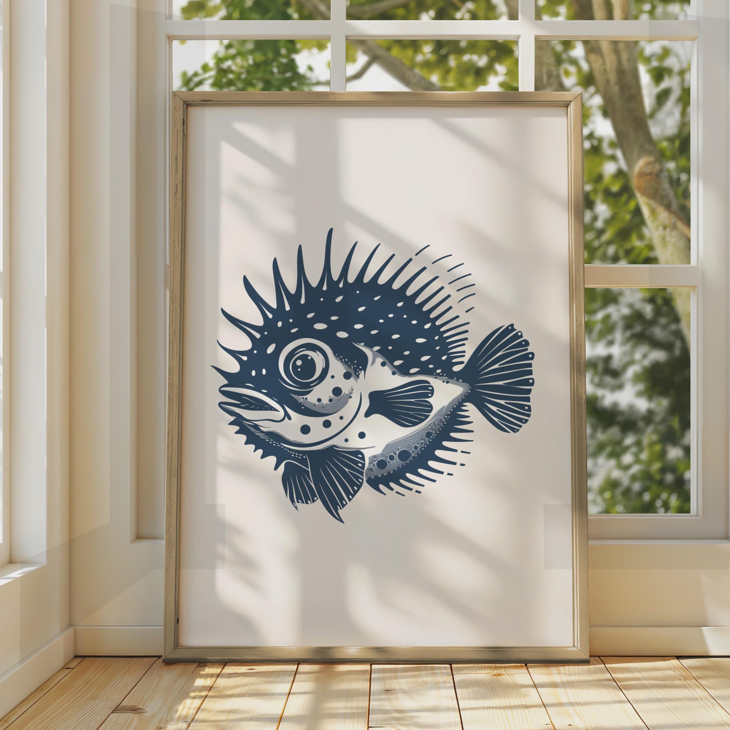 Puffer Fish Poster, Navy Blue Ocean Animal Print, Minimalist Sea Life Wall Art wall art print