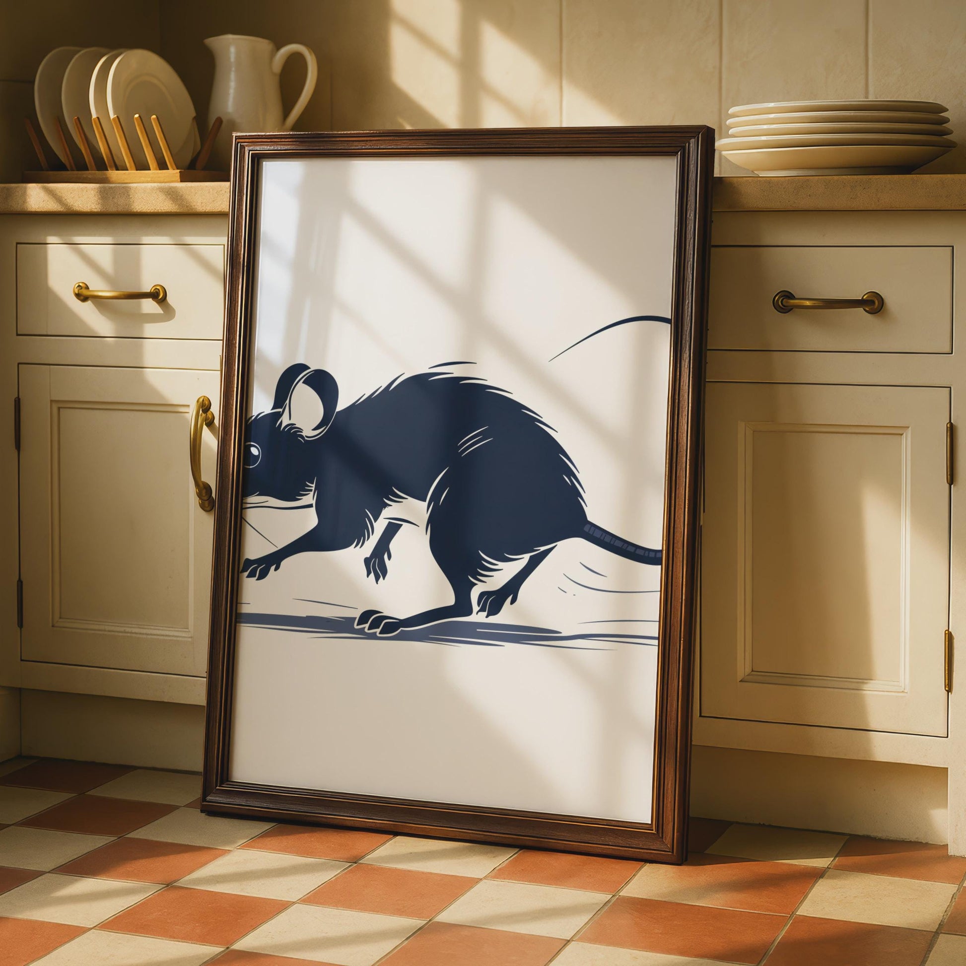 Navy Blue Rat Illustration Print, Minimalist Rodent Wall Art, Dark Ink Style Decor wall art print