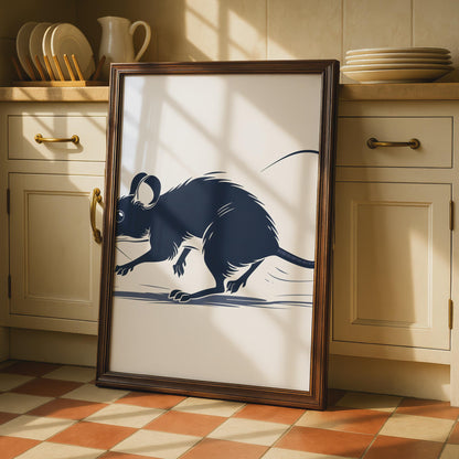 Navy Blue Rat Illustration Print, Minimalist Rodent Wall Art, Dark Ink Style Decor wall art print