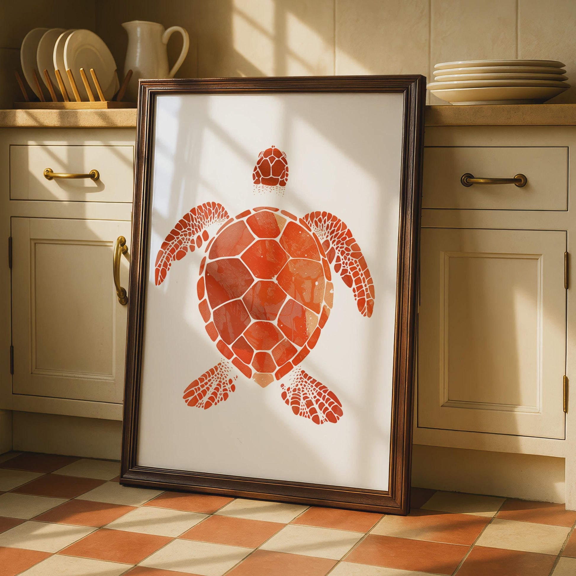 Sea Turtle Poster, Red Orange Animal Print, Minimalist Ocean Wall Art, Coastal Decor wall art print