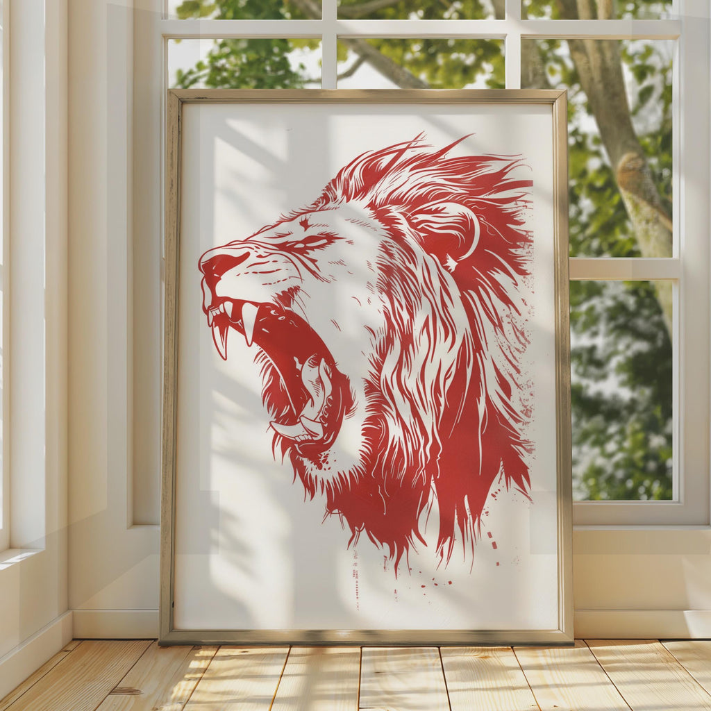 Roaring Lion Poster, Red Animal Print, Bold Lion Wall Art, Wildlife Illustration Decor wall art print