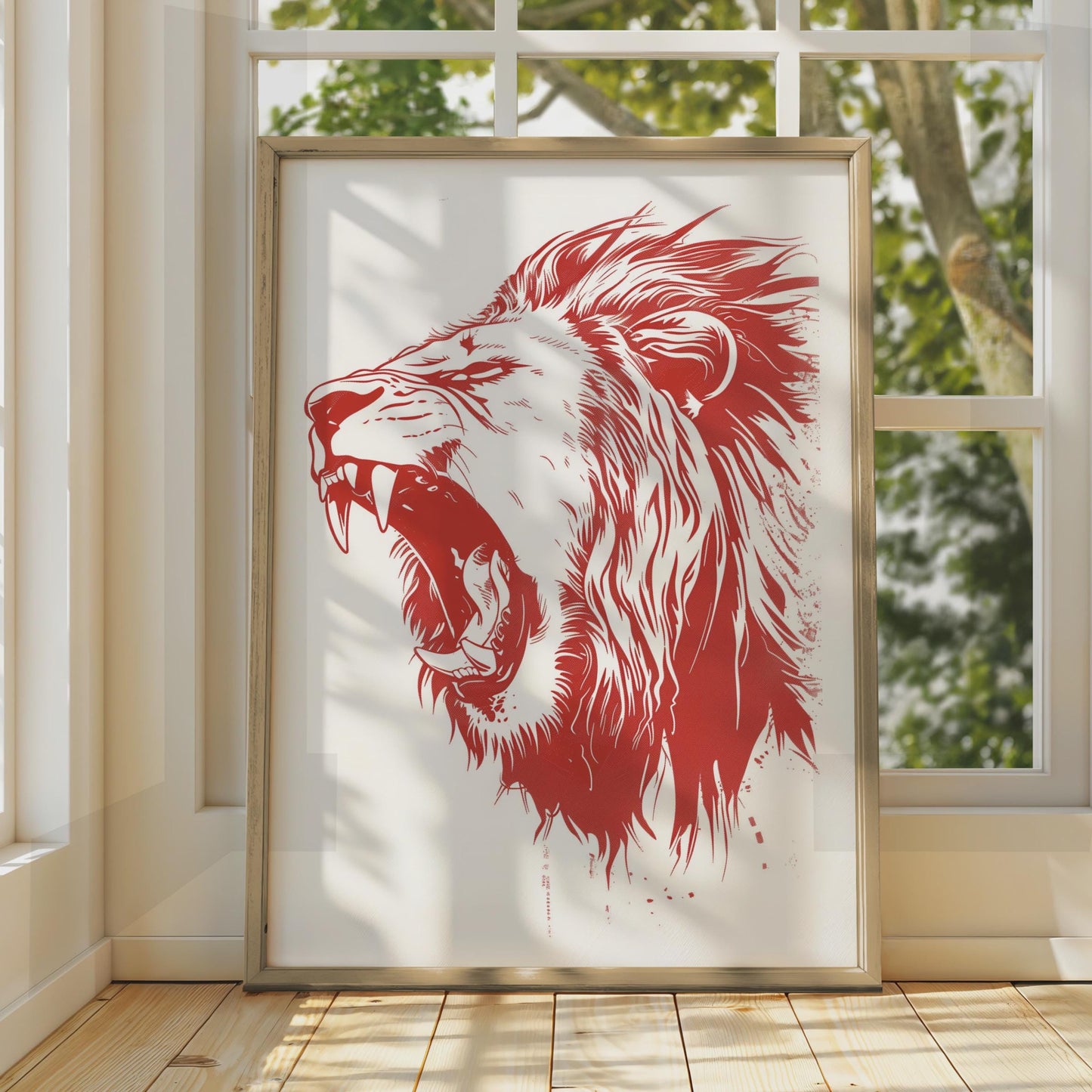 Roaring Lion Poster, Red Animal Print, Bold Lion Wall Art, Wildlife Illustration Decor wall art print
