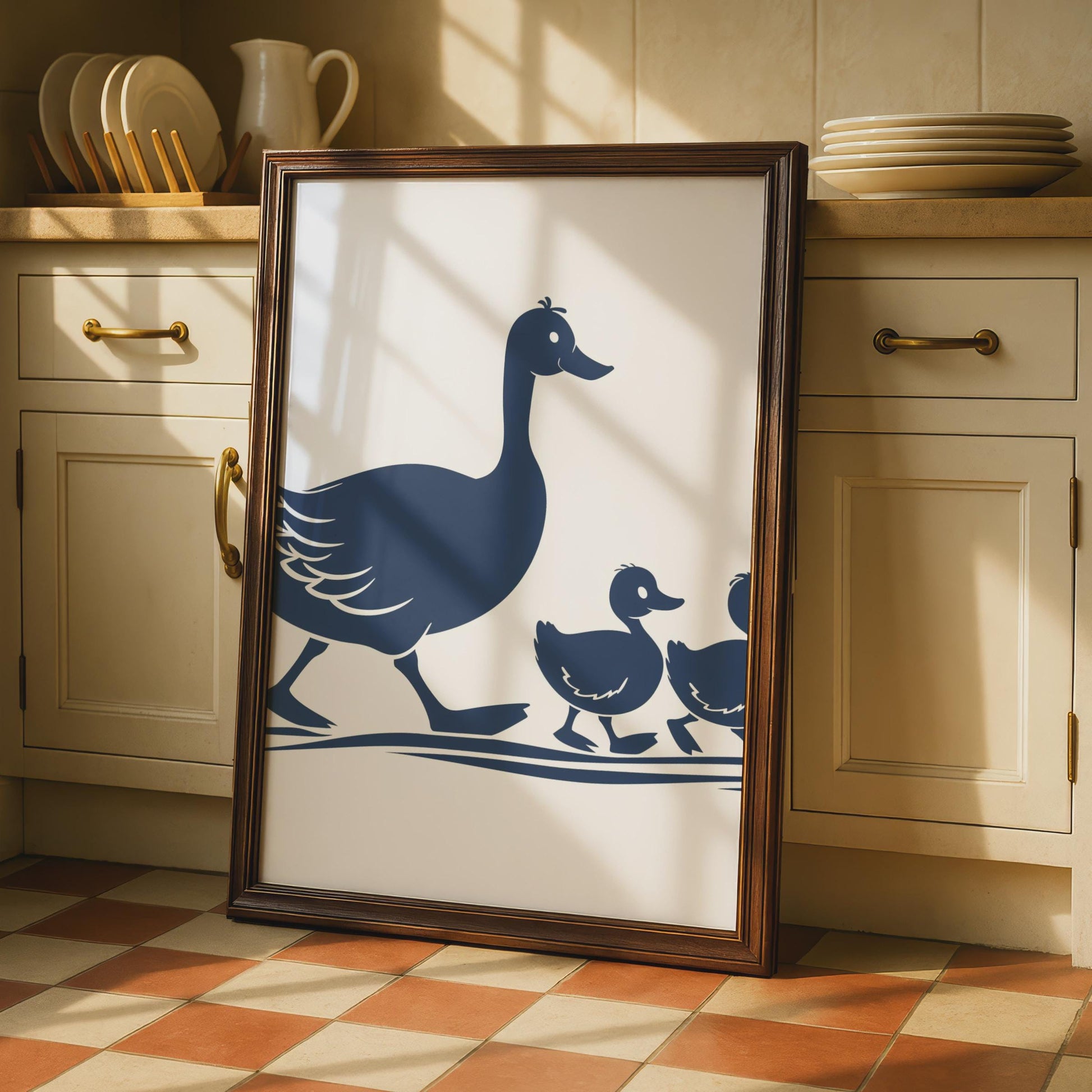 Duck Family Poster, Mother Duck Ducklings Wall Art, Navy Silhouette Animal Print wall art print