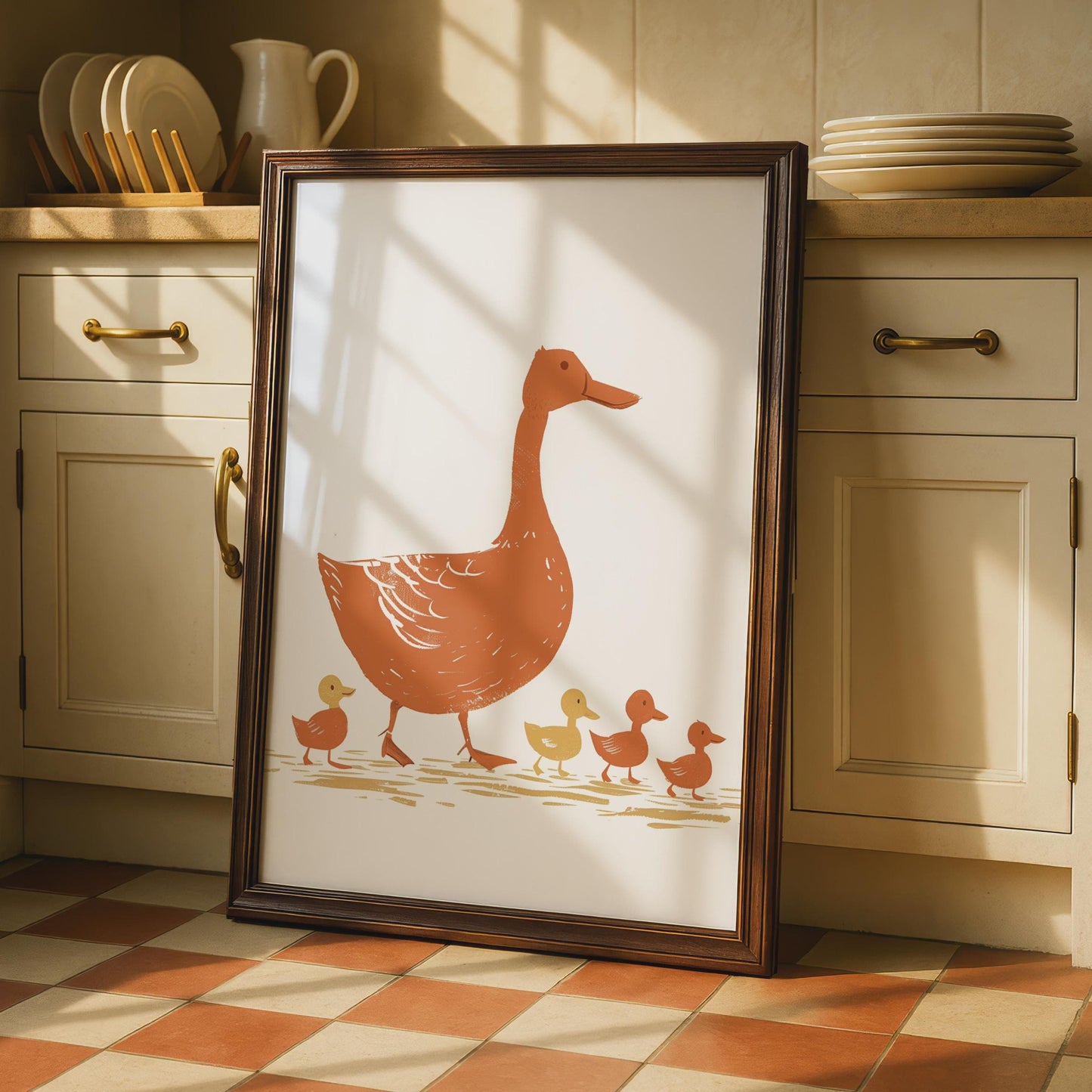 Duck Family Print, Folk Art Nursery Wall Art, Terracotta Ducklings Poster wall art print