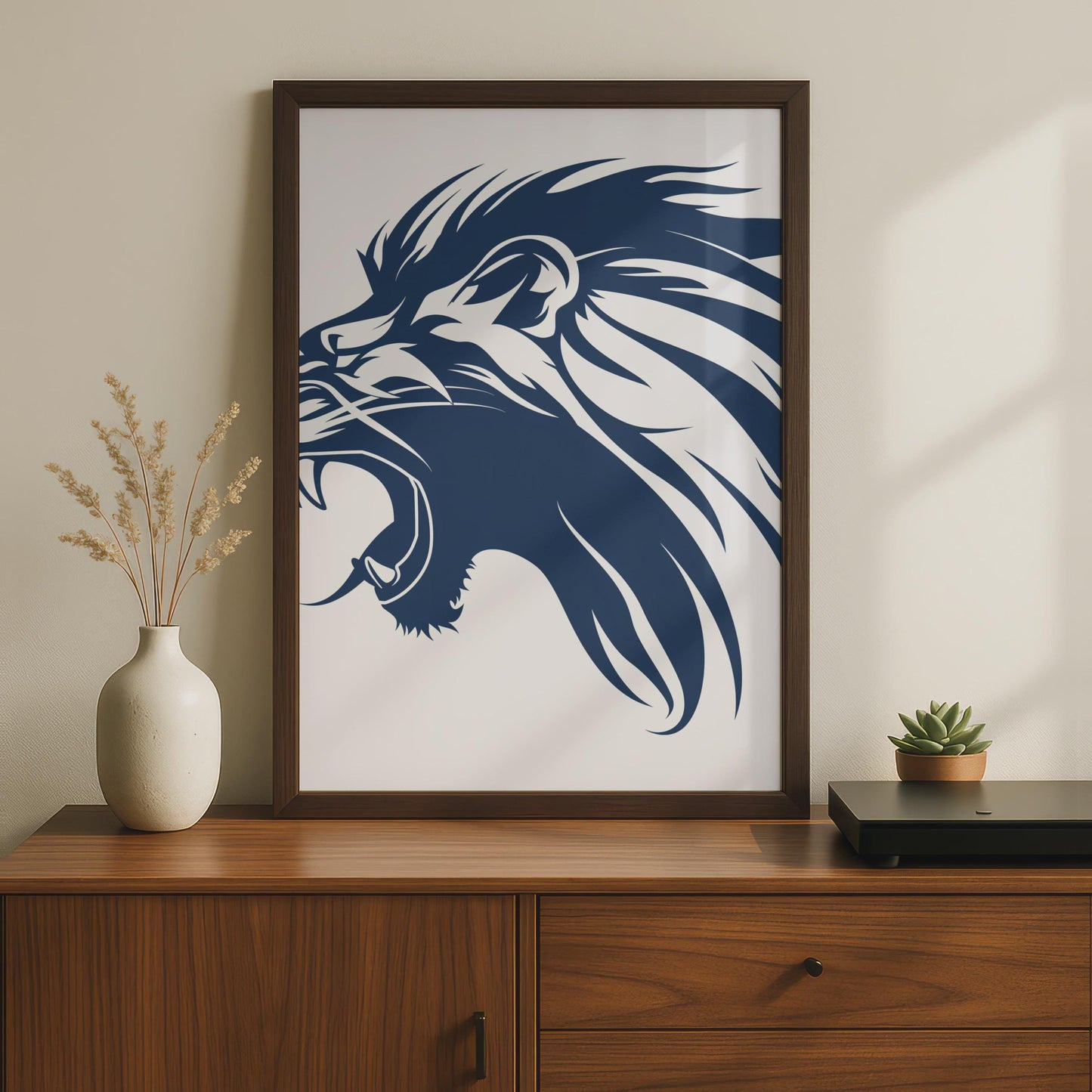 Roaring Lion Head Print, Navy Blue Animal Wall Art, Minimalist Decor wall art print