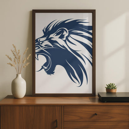 Roaring Lion Head Print, Navy Blue Animal Wall Art, Minimalist Decor wall art print