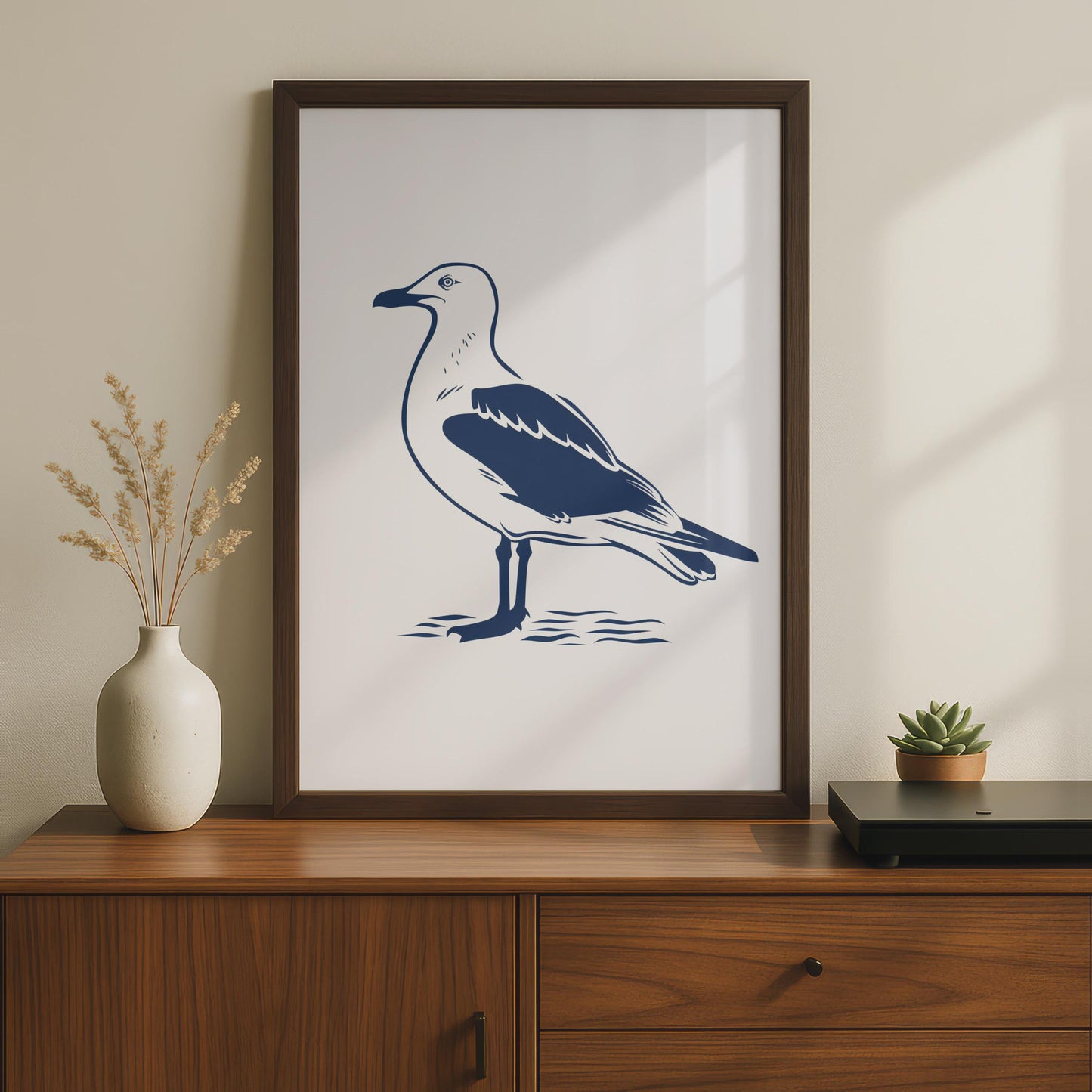 Seagull Poster, Navy Blue Bird Print, Coastal Wall Art, Minimalist Seabird Decor wall art print