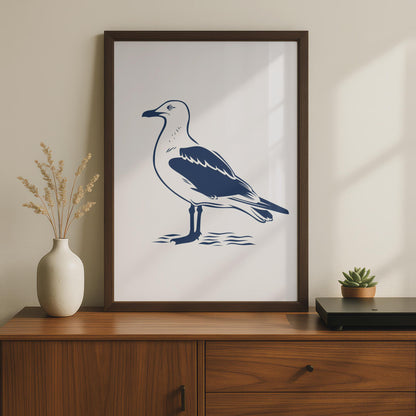 Seagull Poster, Navy Blue Bird Print, Coastal Wall Art, Minimalist Seabird Decor wall art print