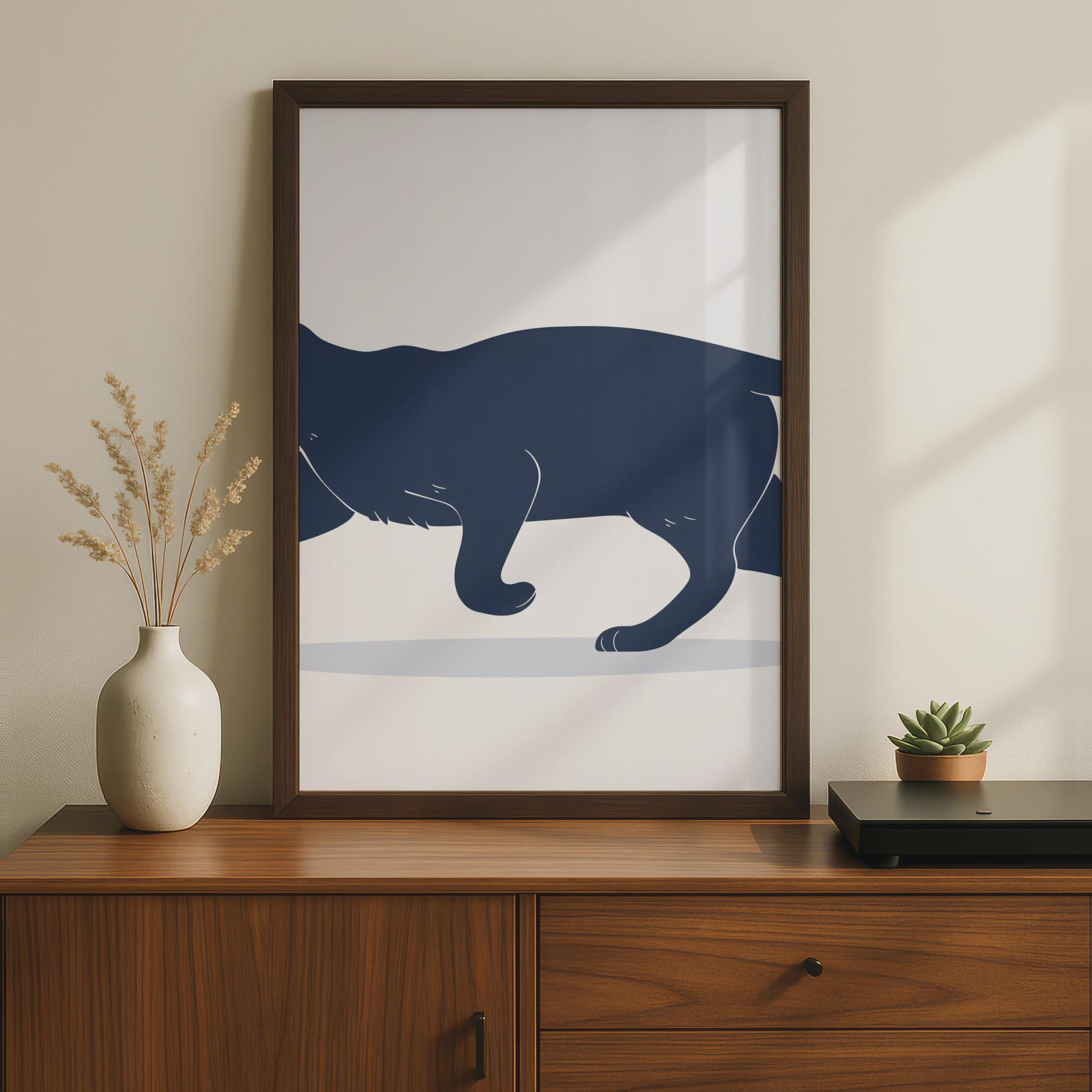 Minimalist Black Cat Print, Navy Blue Animal Wall Art, Sleek Silhouette Poster wall art print