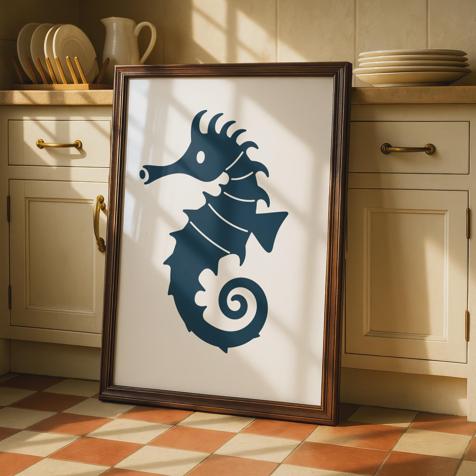 Seahorse Poster, Minimalist Navy Blue Animal Print, Ocean Wall Art, Coastal Decor wall art print