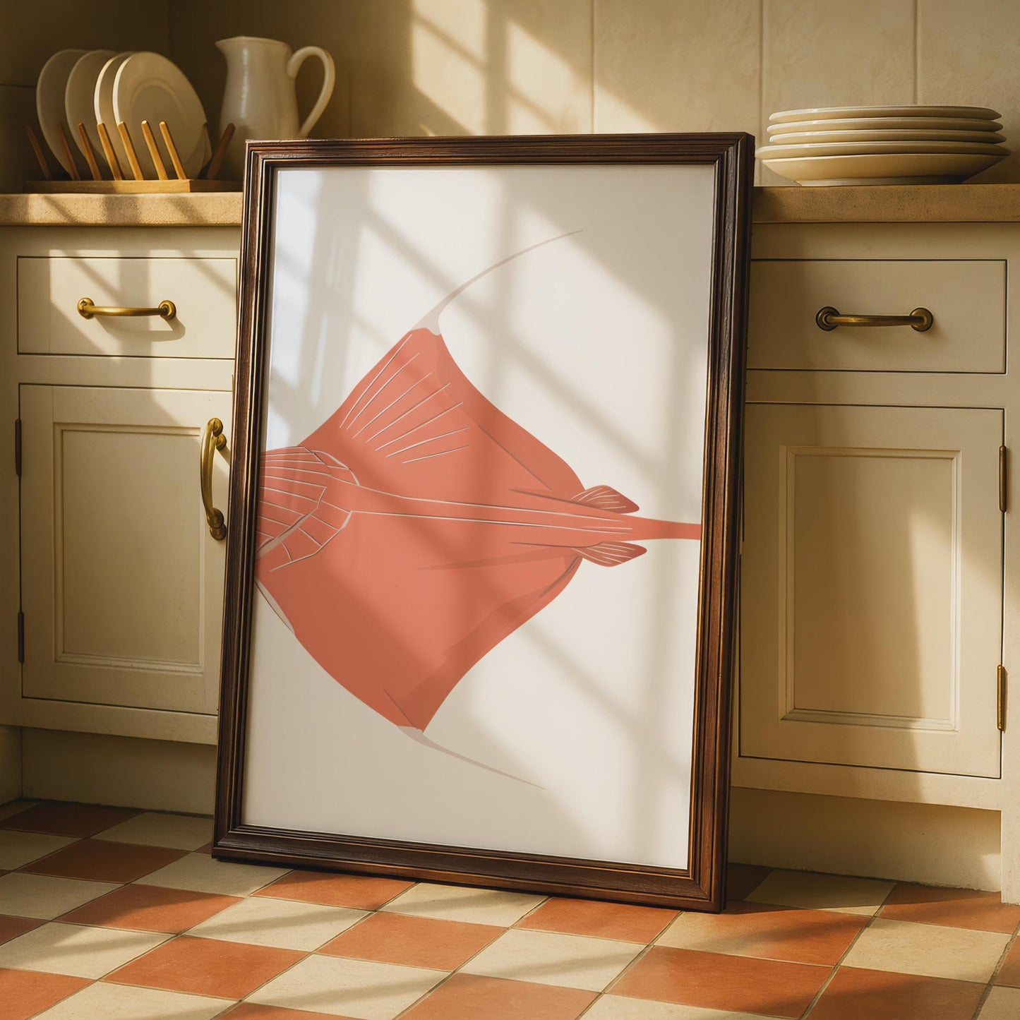 Stingray Poster, Coral Red Ray Fish Print, Ocean Animal Wall Art, Minimalist Sea Life wall art print