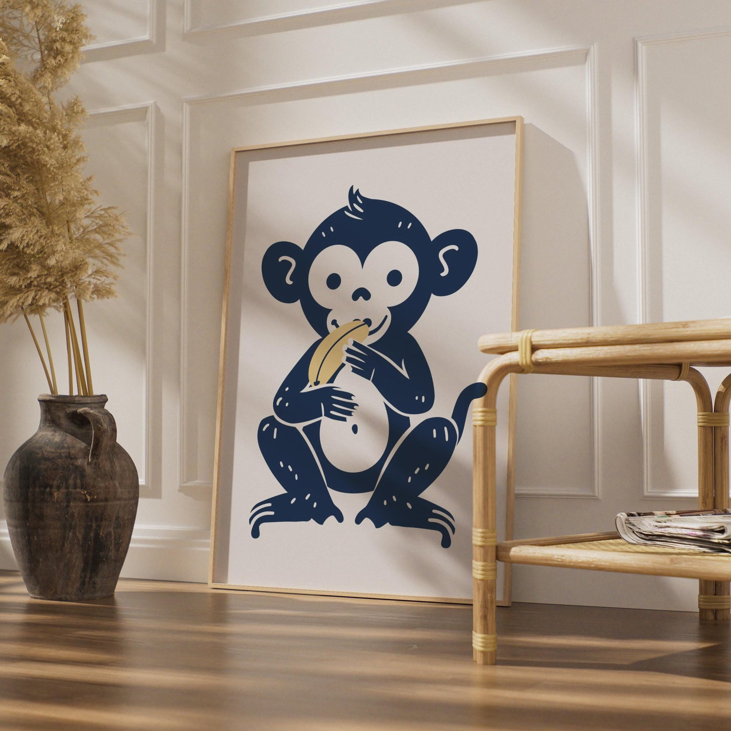 Monkey Eating Banana Poster, Navy Blue Animal Art wall art print