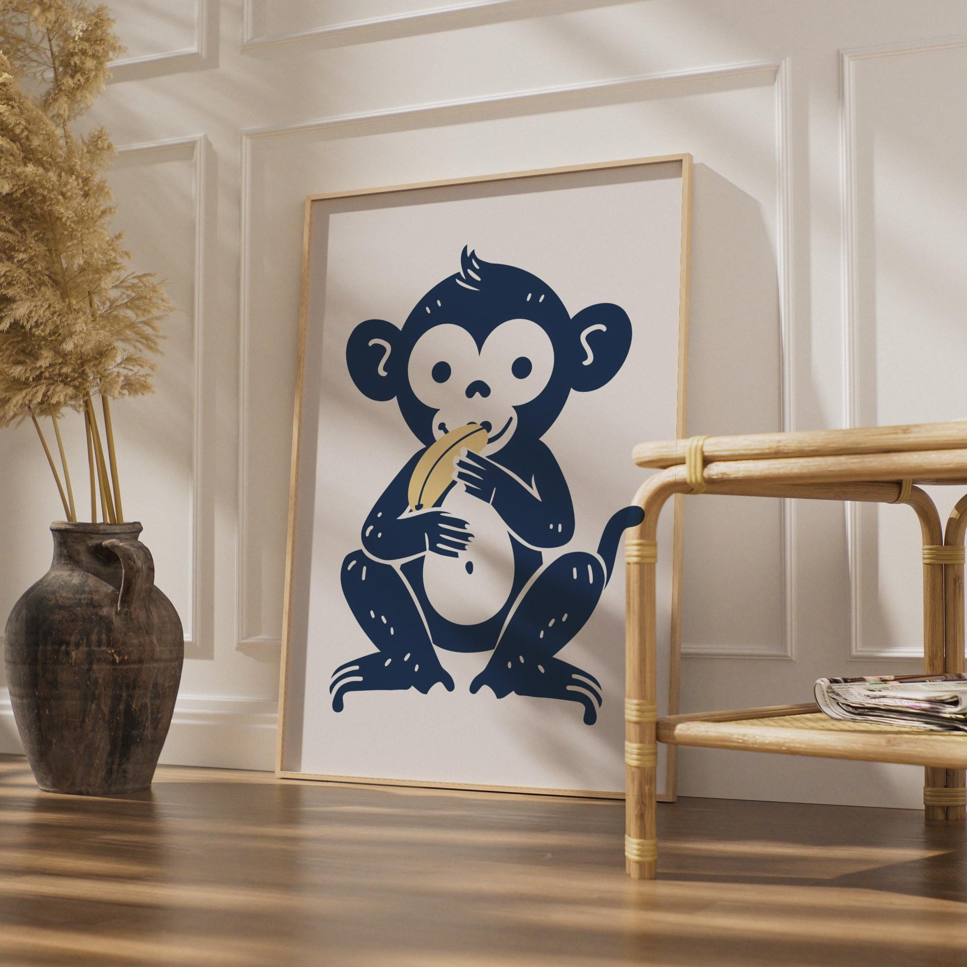 Monkey Eating Banana Poster, Navy Blue Animal Art wall art print