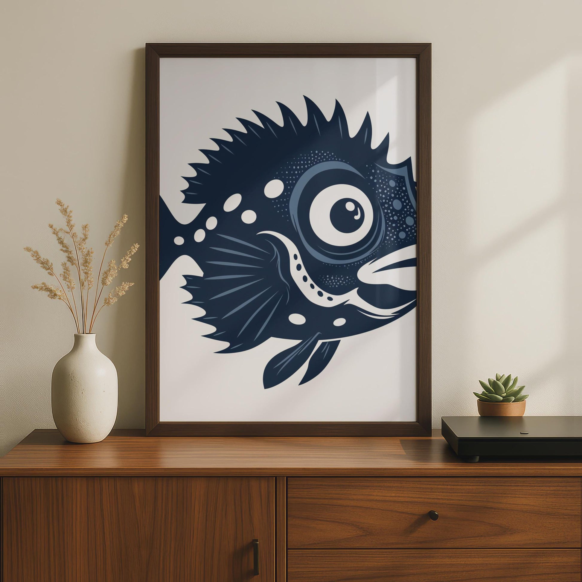 Fish Animal Poster, Navy Blue Fish Print, Ocean Wall Art, Sea Creature Decor wall art print