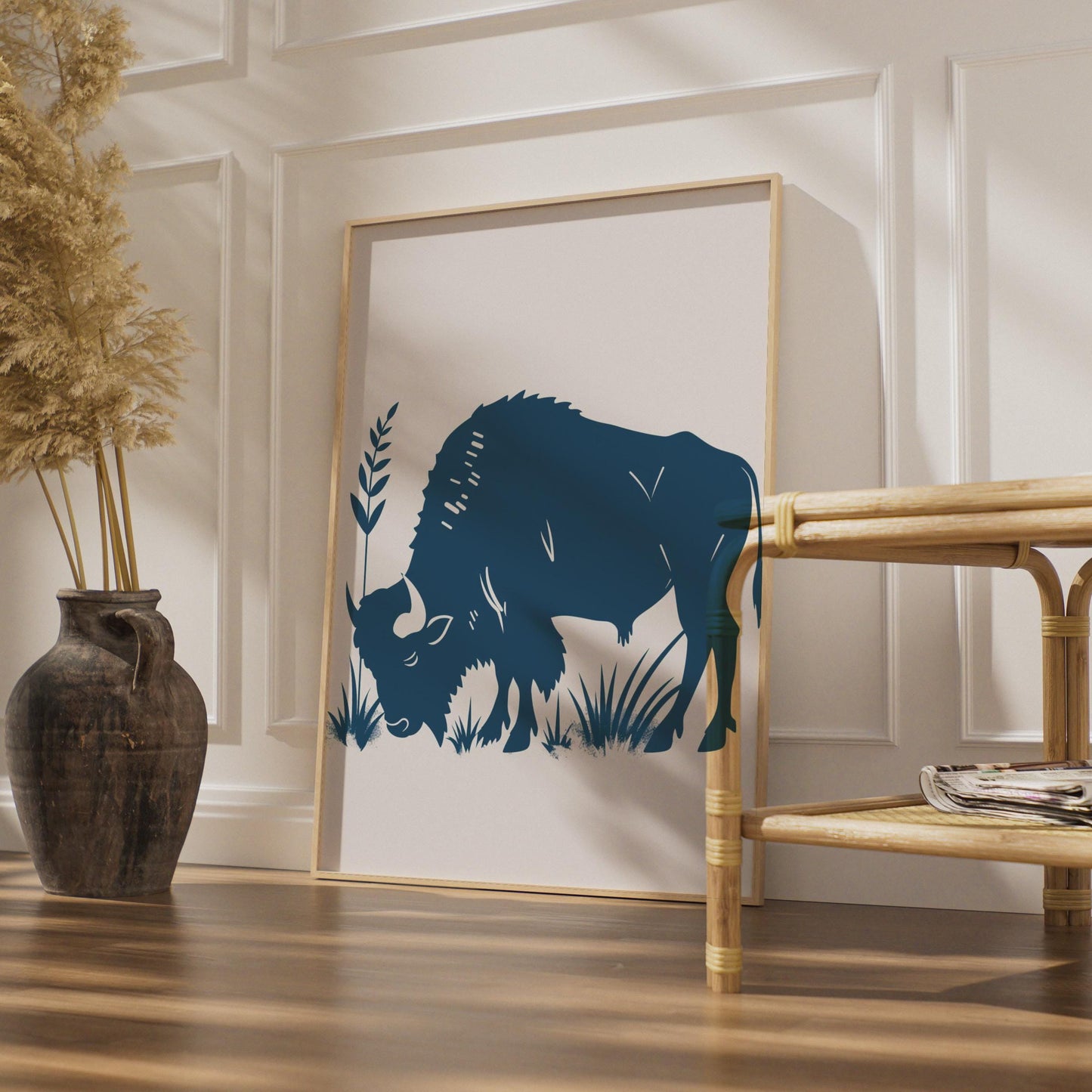 Bison Animal Poster, Navy Blue Buffalo Print, Minimalist Wildlife Wall Art, Nature Decor wall art print