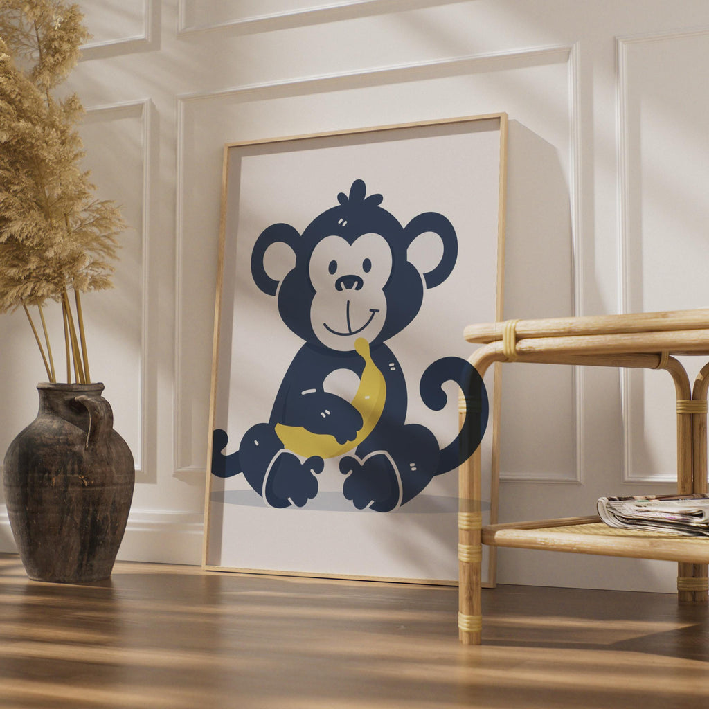 Cartoon Monkey Banana Print, Kids Animal Nursery Wall Art wall art print