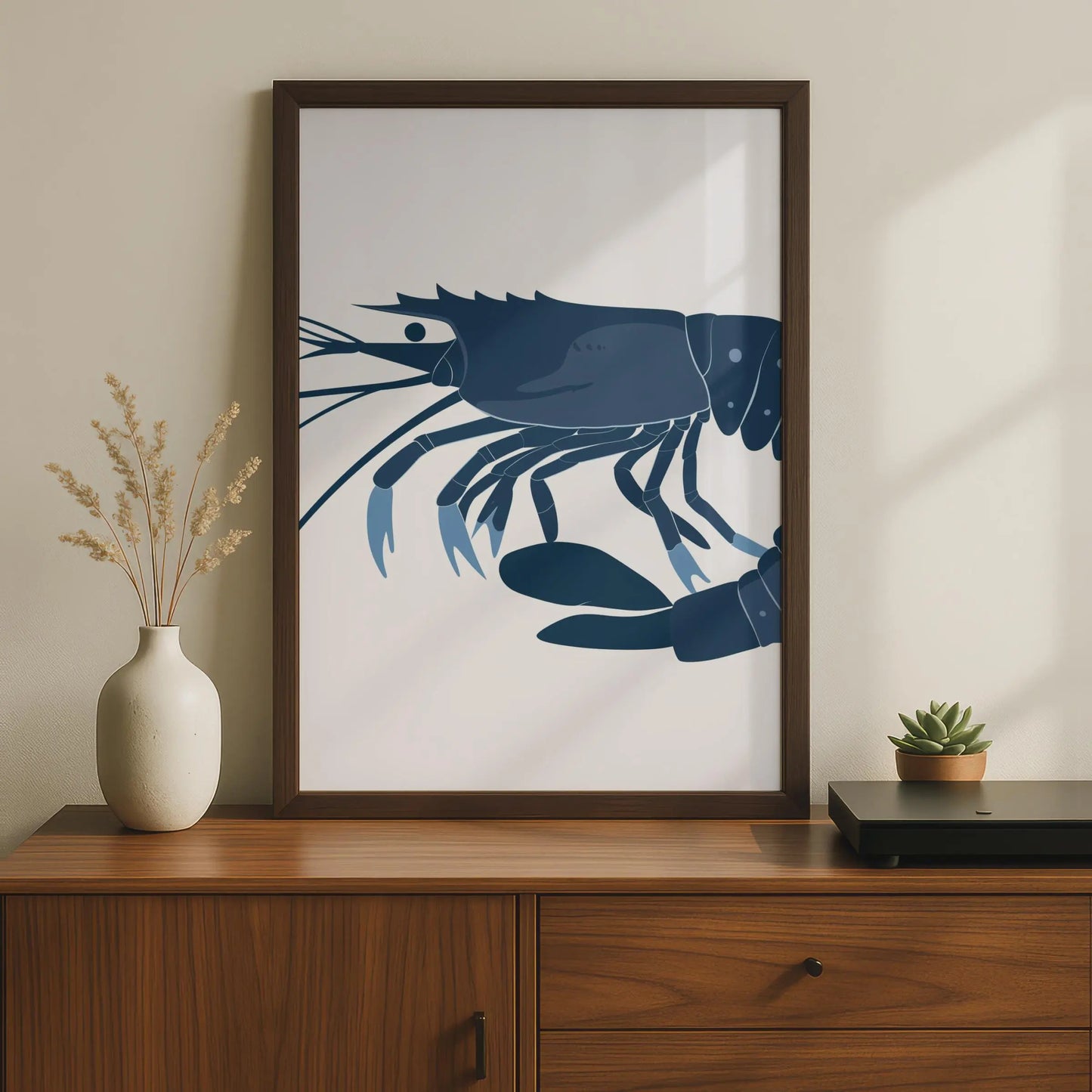 Shrimp Poster, Navy Blue Prawn Wall Art Print, Minimalist Ocean Animal Art, Coastal Decor wall art print