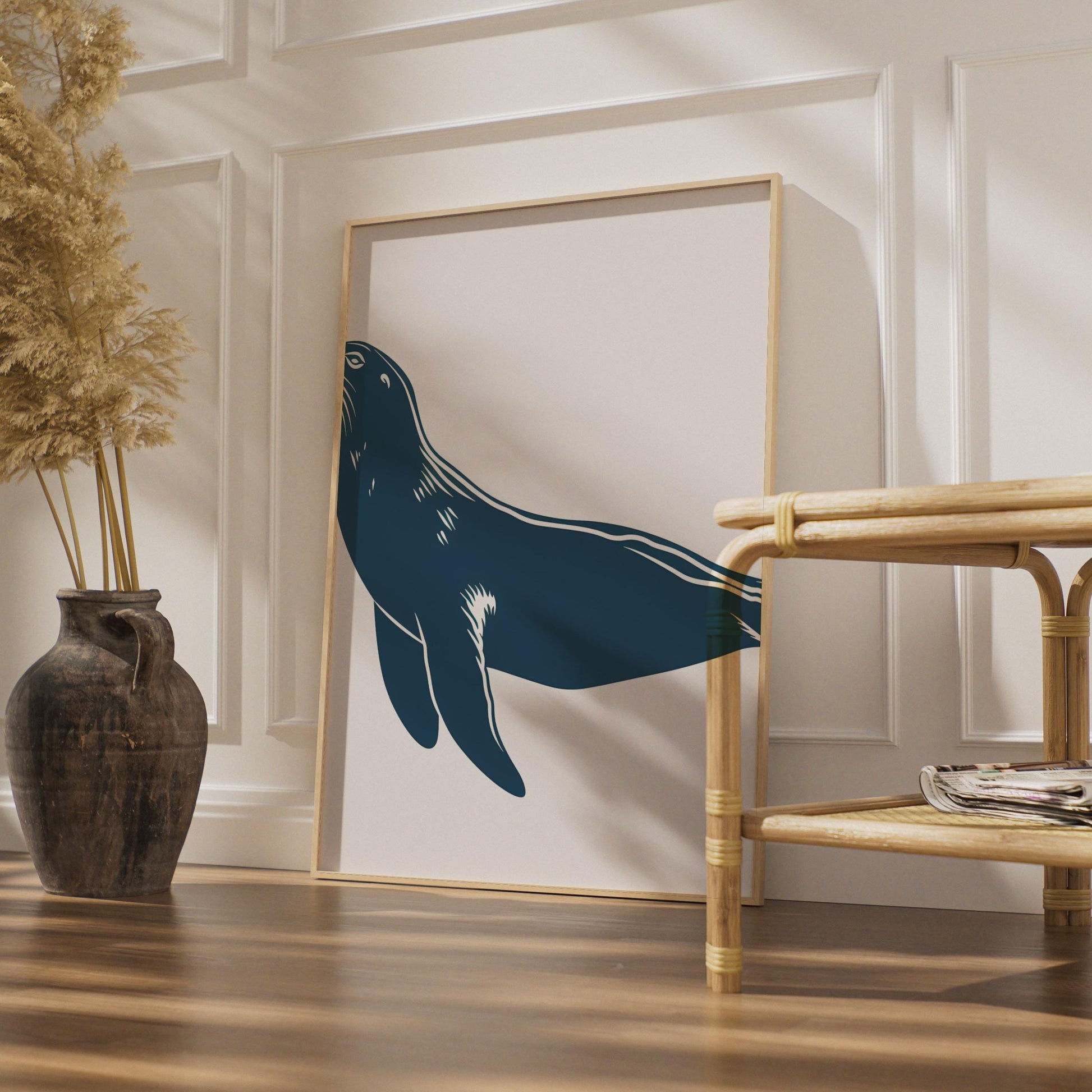 Sea Lion Poster, Navy Blue Animal Print, Minimalist Ocean Wall Art, Coastal Decor wall art print
