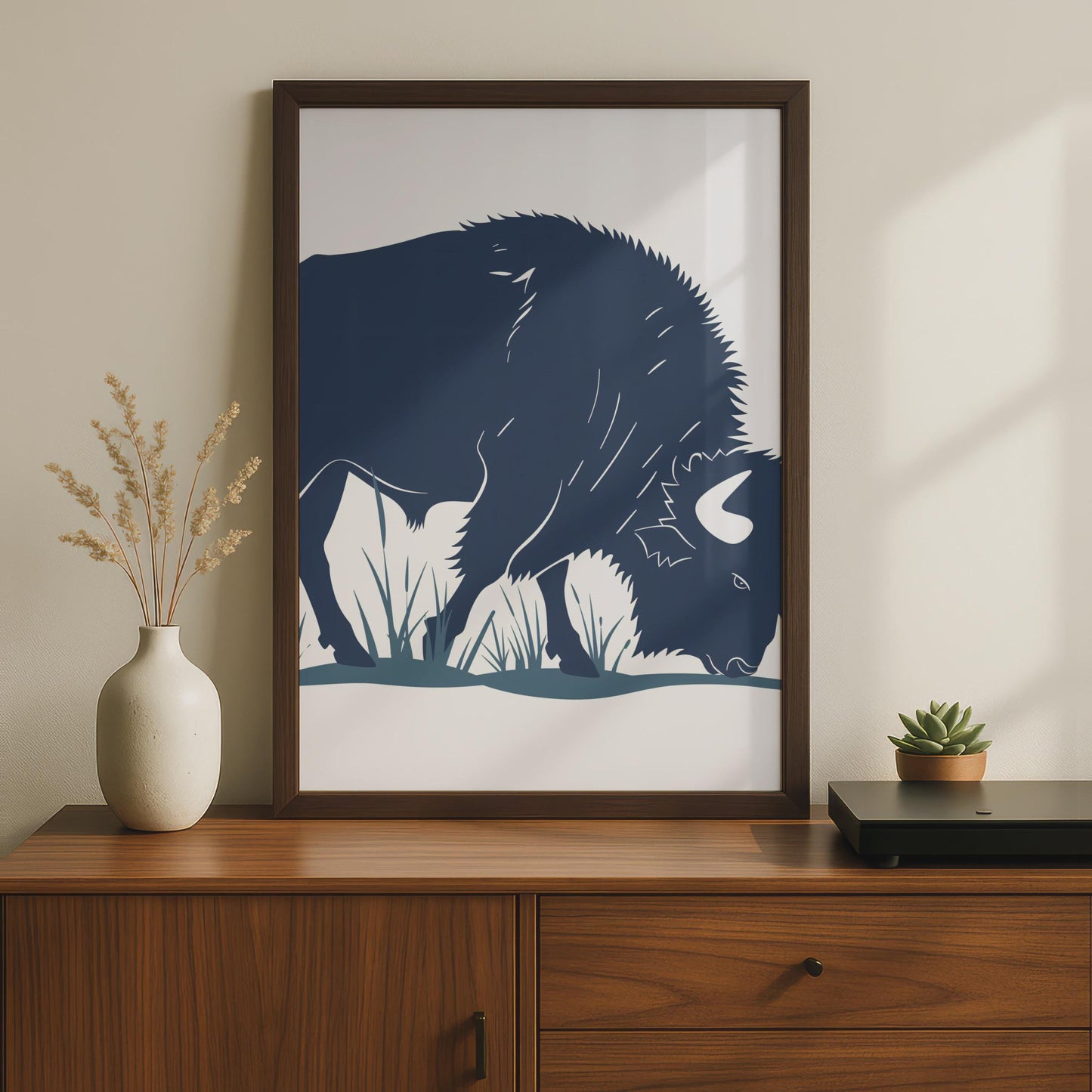 Bison Poster, Navy Blue Buffalo Wall Art, Grazing Bison Print, Wildlife Animal Decor wall art print