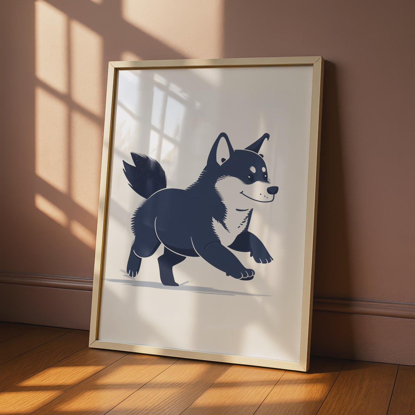 Shiba Inu Running Illustration, Navy Blue Dog Art Print, Minimalist Animal Decor wall art print