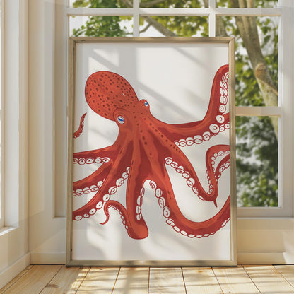 Red Octopus Poster, Ocean Animal Print, Nautical Wall Art, Sea Creature Decor wall art print