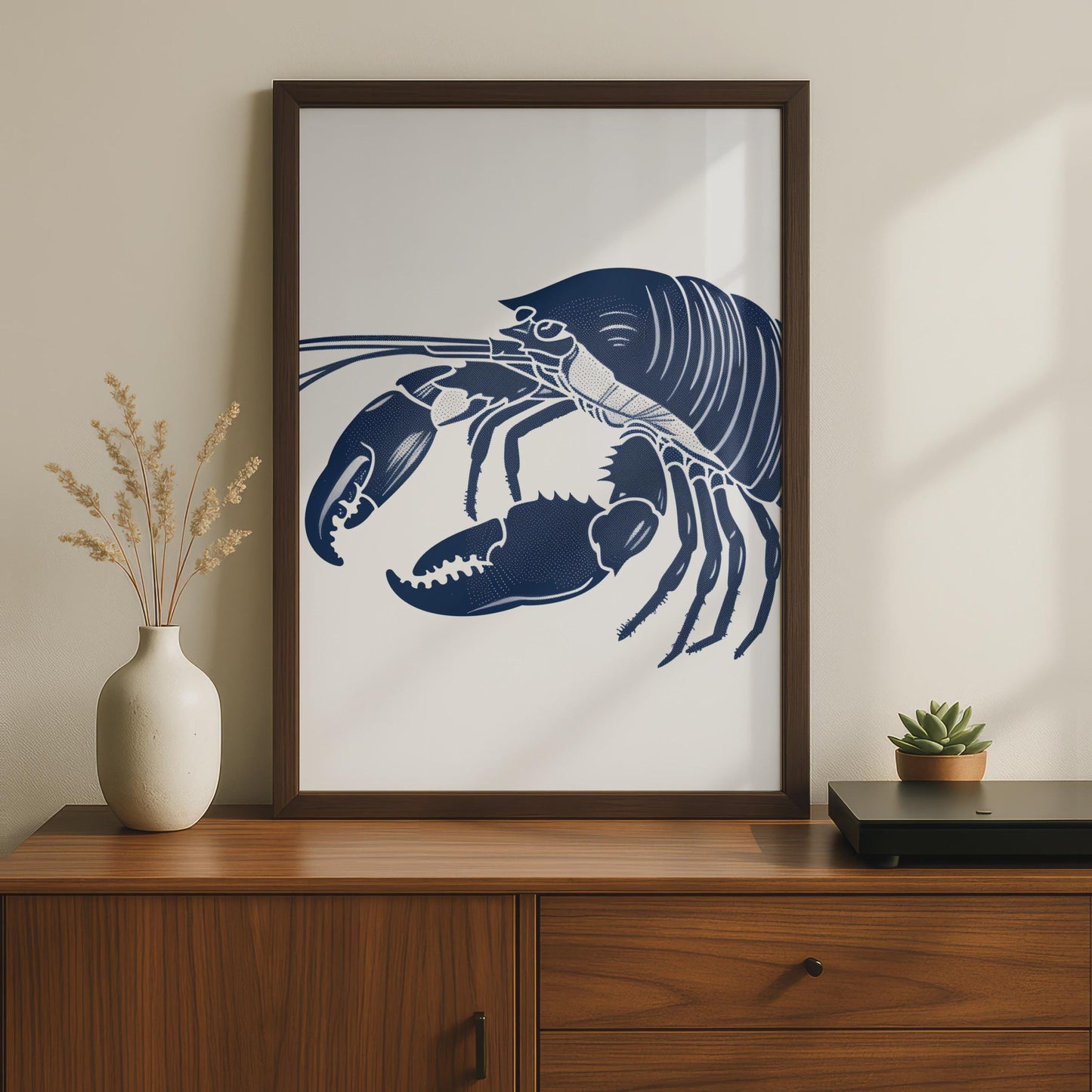 Navy Blue Lobster Illustration Print, Nautical Coastal Animal Wall Art wall art print