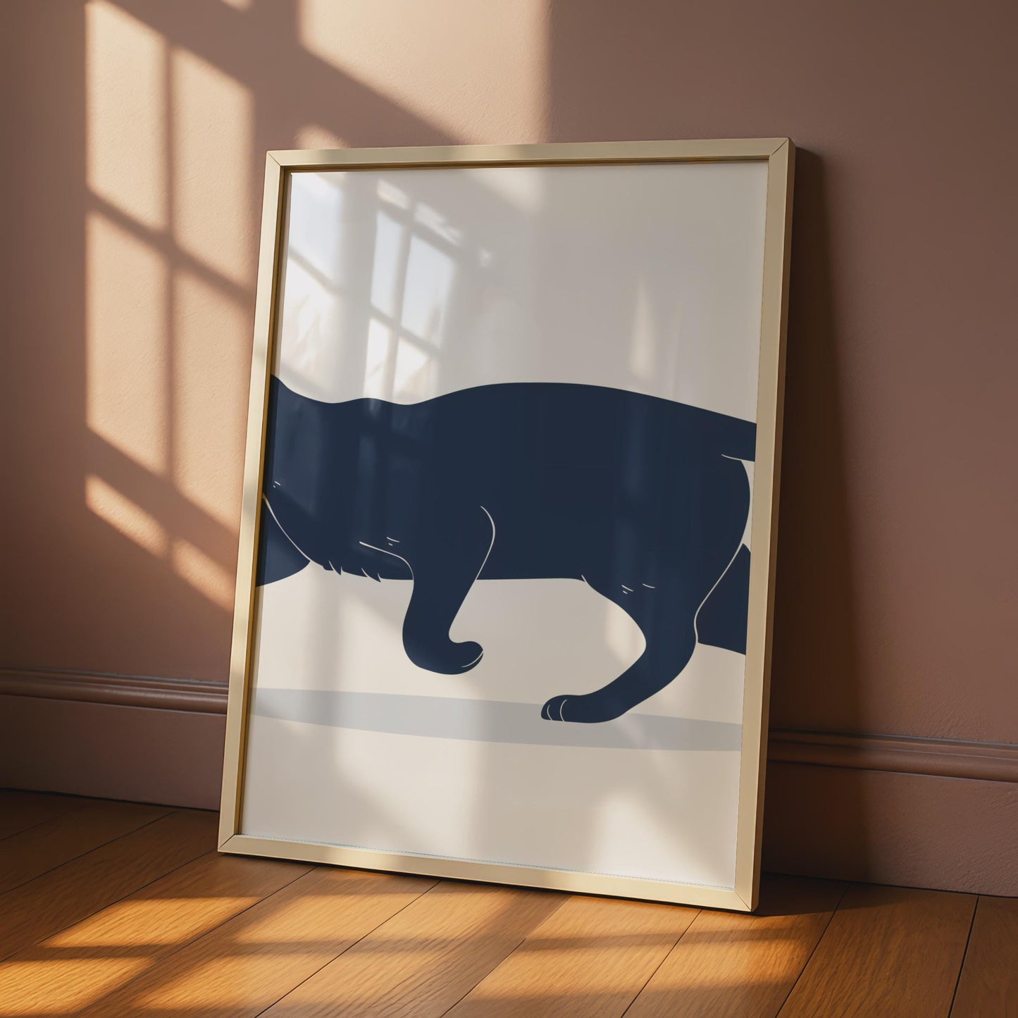 Minimalist Black Cat Print, Navy Blue Animal Wall Art, Sleek Silhouette Poster wall art print