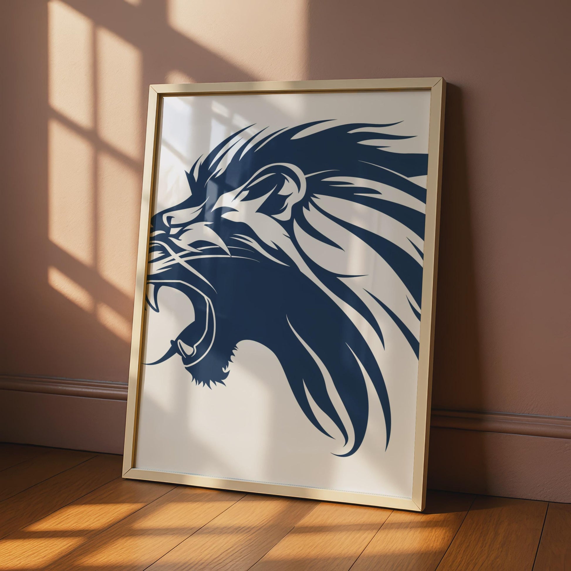 Roaring Lion Head Print, Navy Blue Animal Wall Art, Minimalist Decor wall art print