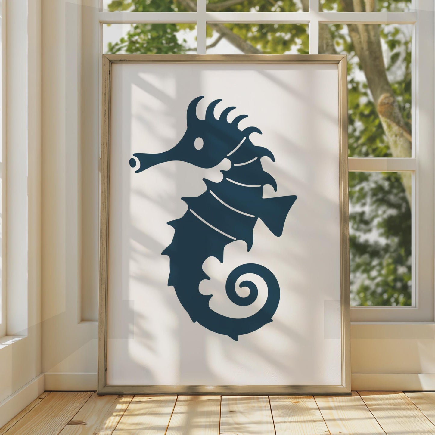 Seahorse Poster, Minimalist Navy Blue Animal Print, Ocean Wall Art, Coastal Decor wall art print