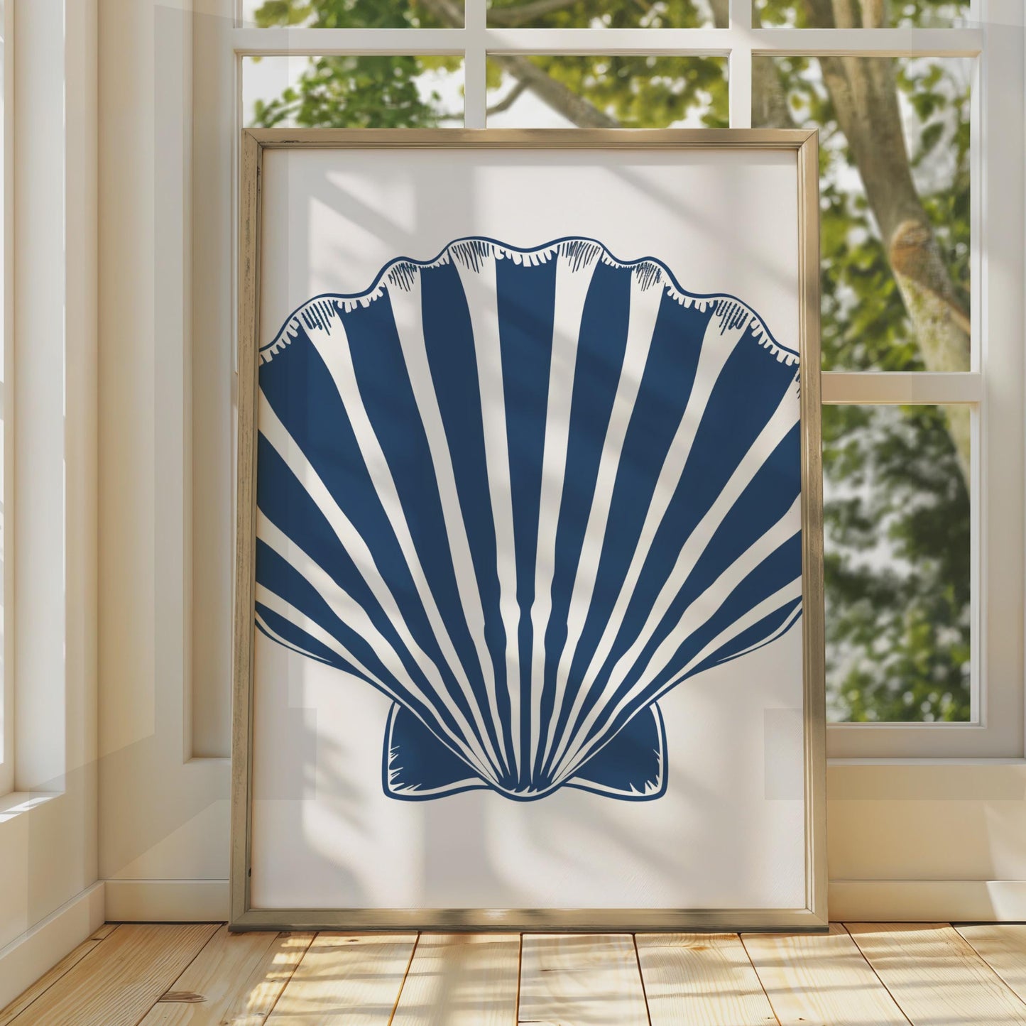 Scallop Shell Poster, Navy Blue Nautical Wall Art, Coastal Animal Print, Beach Home Decor wall art print