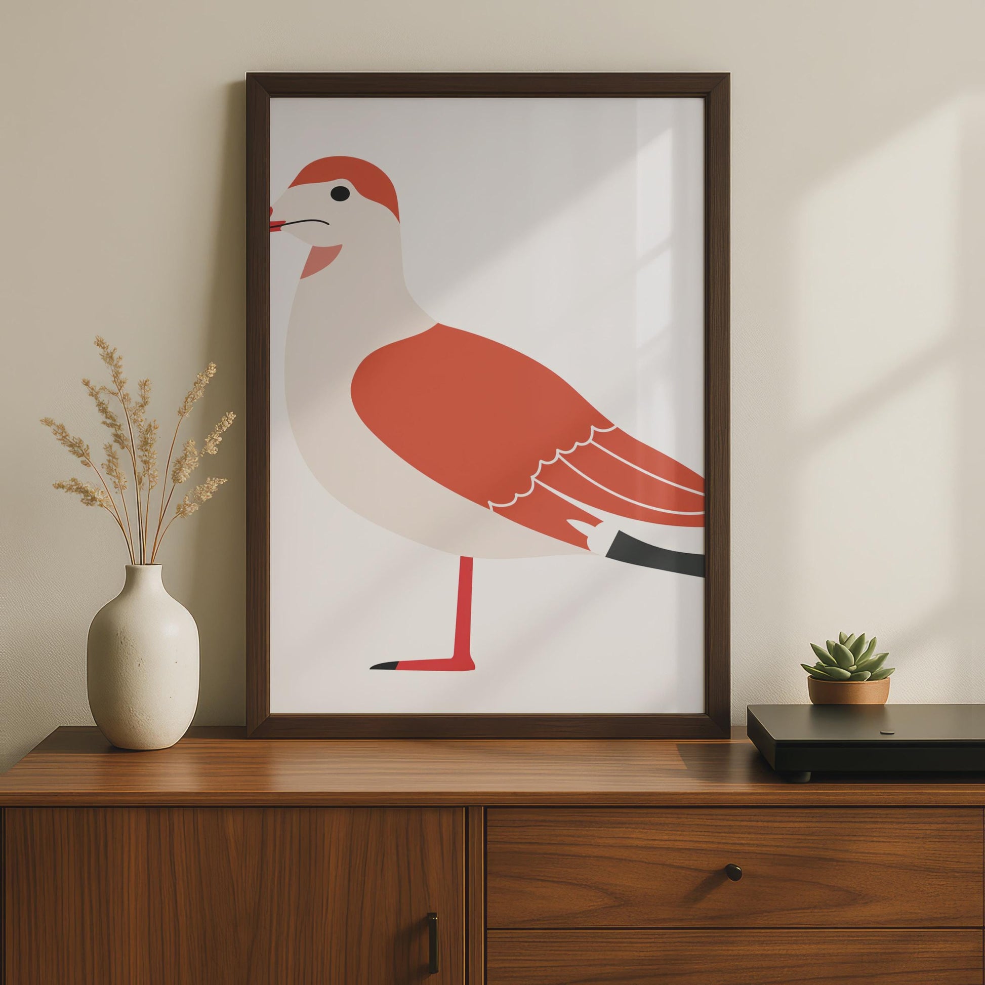 Minimalist Seagull Bird Print, Red White Coastal Wall Art, Modern Animal Illustration wall art print