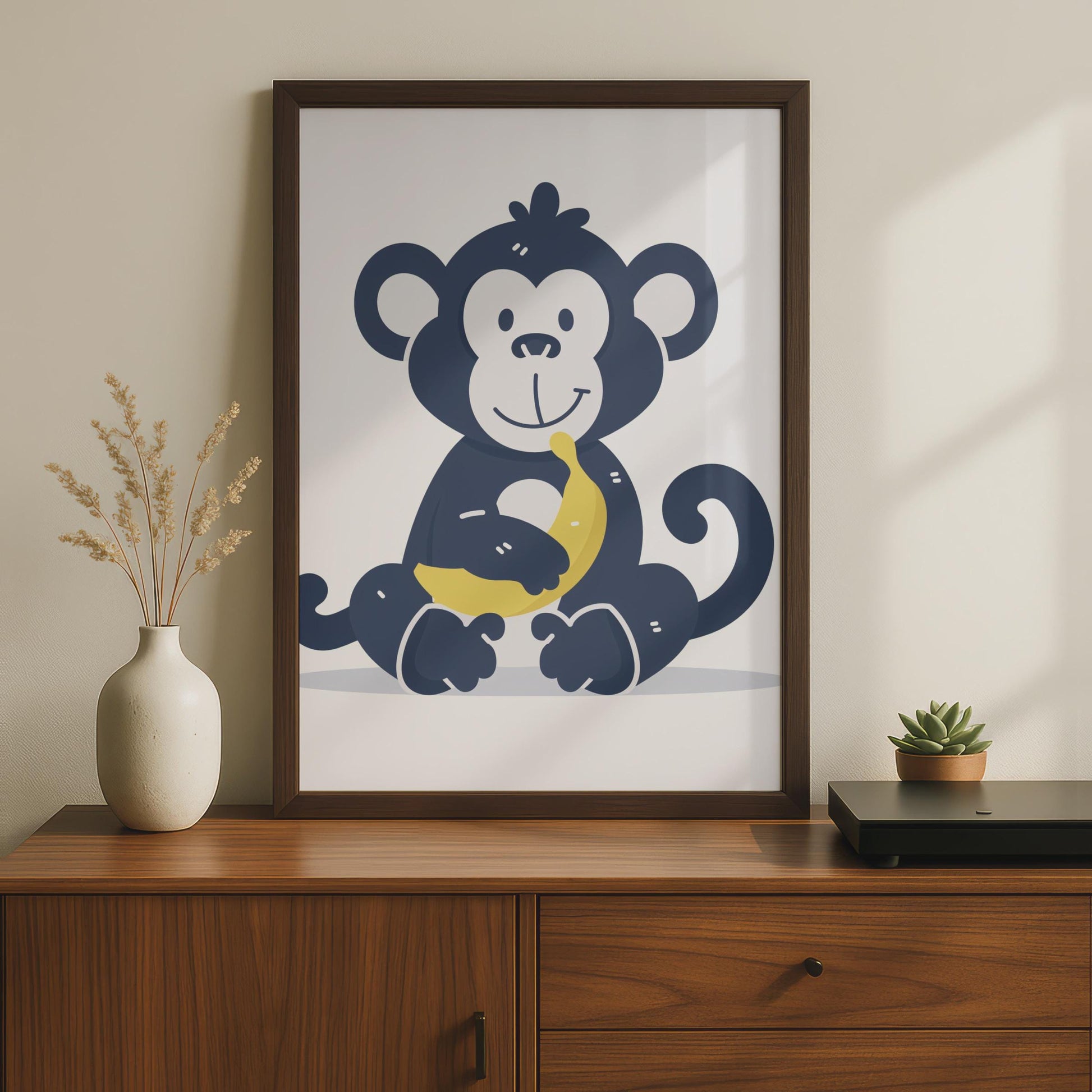 Cartoon Monkey Banana Print, Kids Animal Nursery Wall Art wall art print