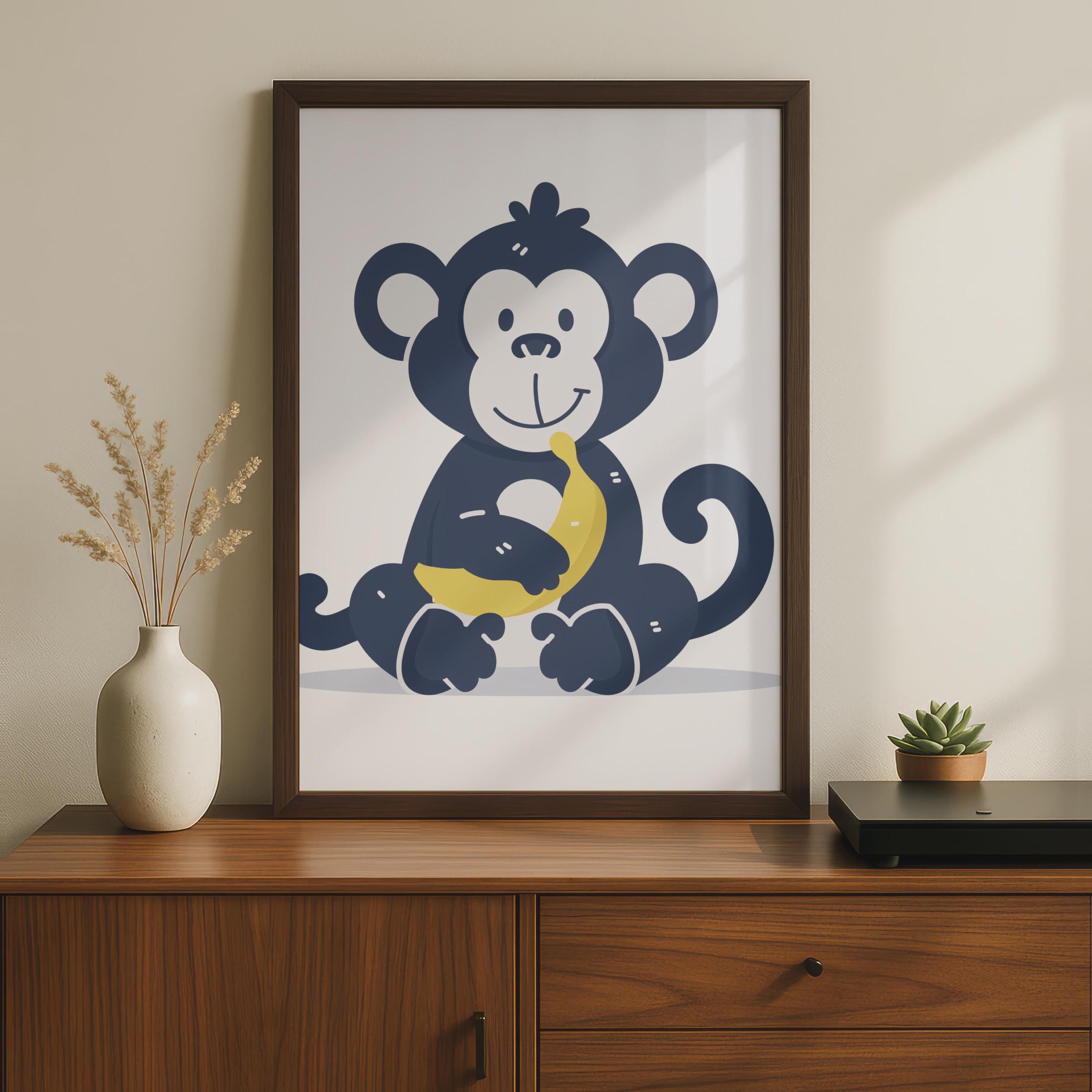 Cartoon Monkey Banana Print, Kids Animal Nursery Wall Art wall art print