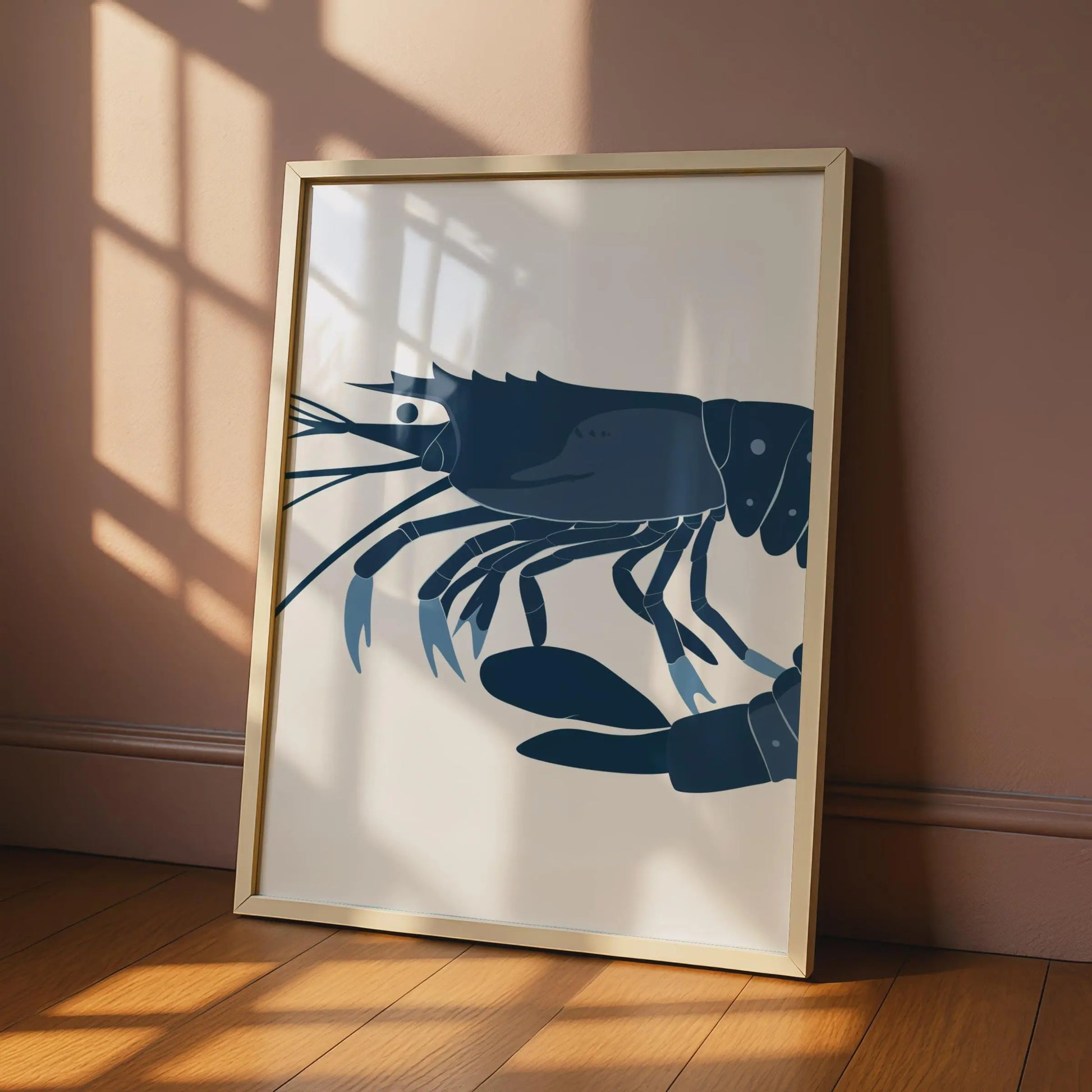 Shrimp Poster, Navy Blue Prawn Wall Art Print, Minimalist Ocean Animal Art, Coastal Decor wall art print