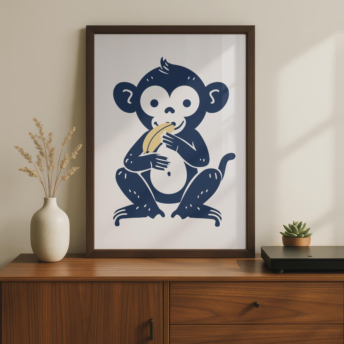 Monkey Eating Banana Poster, Navy Blue Animal Art wall art print