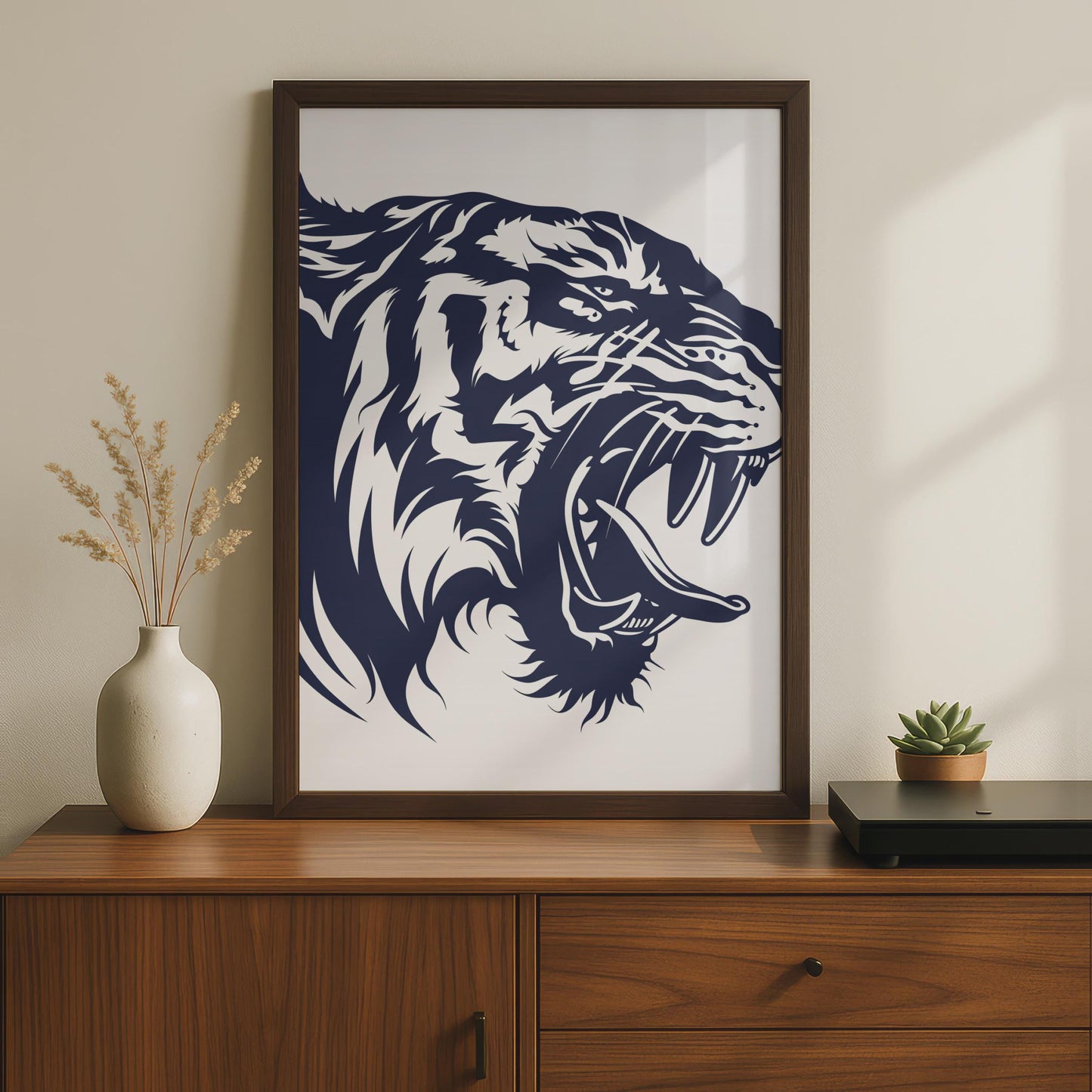 Roaring Tiger Head Poster, Navy Blue Animal Print, Bold Wild Cat Wall Art Decor wall art print