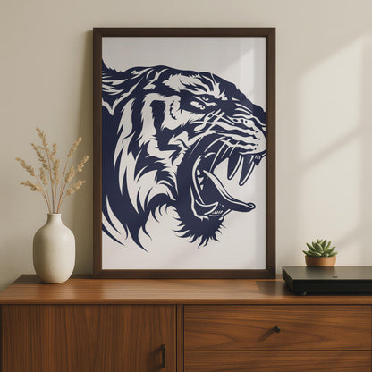 Roaring Tiger Head Poster, Navy Blue Animal Print, Bold Wild Cat Wall Art Decor wall art print