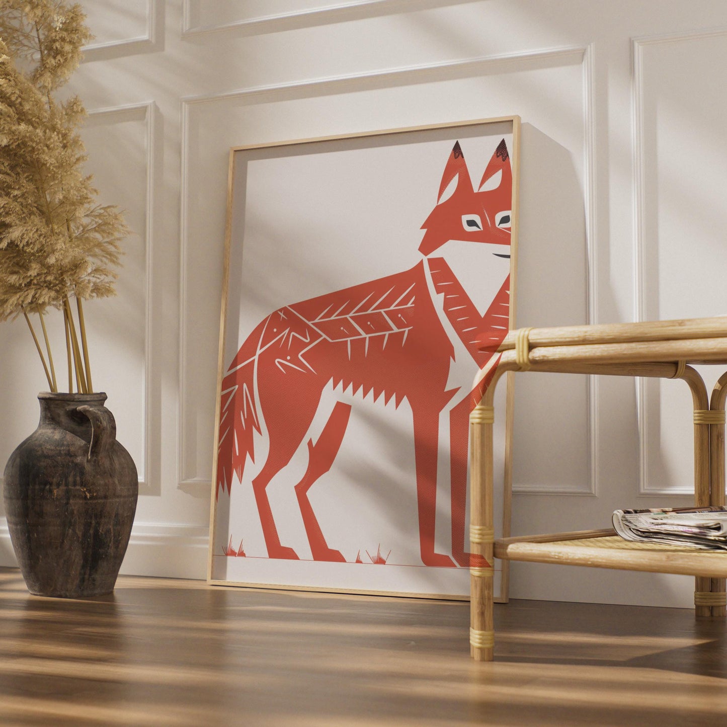 Minimalist Red Fox Art Print, Terracotta Folk Linocut Style Poster wall art print