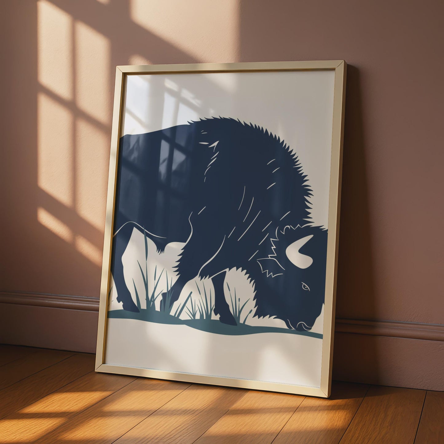 Bison Poster, Navy Blue Buffalo Wall Art, Grazing Bison Print, Wildlife Animal Decor wall art print