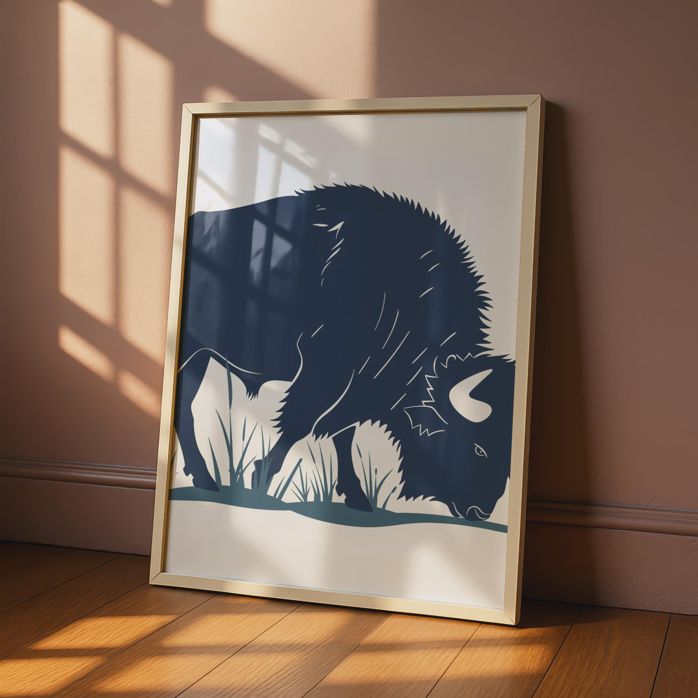 Bison Poster, Navy Blue Buffalo Wall Art, Grazing Bison Print, Wildlife Animal Decor wall art print