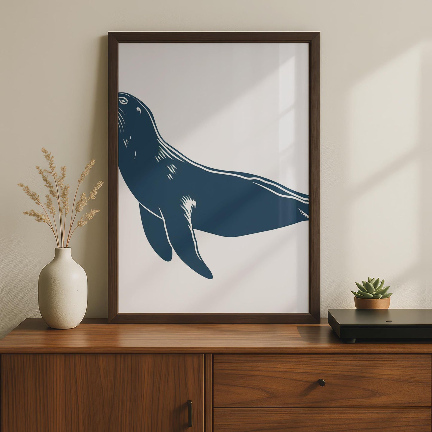 Sea Lion Poster, Navy Blue Animal Print, Minimalist Ocean Wall Art, Coastal Decor wall art print