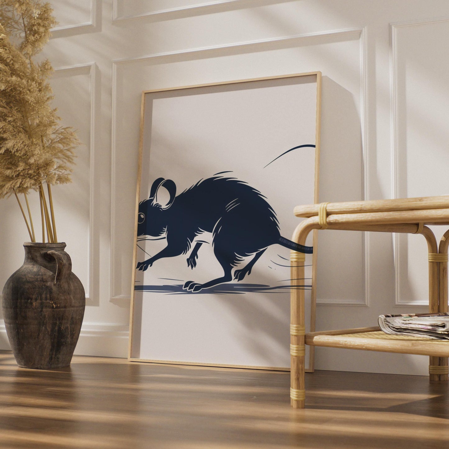 Navy Blue Rat Illustration Print, Minimalist Rodent Wall Art, Dark Ink Style Decor wall art print