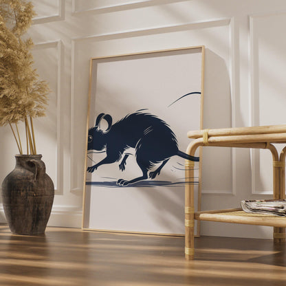 Navy Blue Rat Illustration Print, Minimalist Rodent Wall Art, Dark Ink Style Decor wall art print