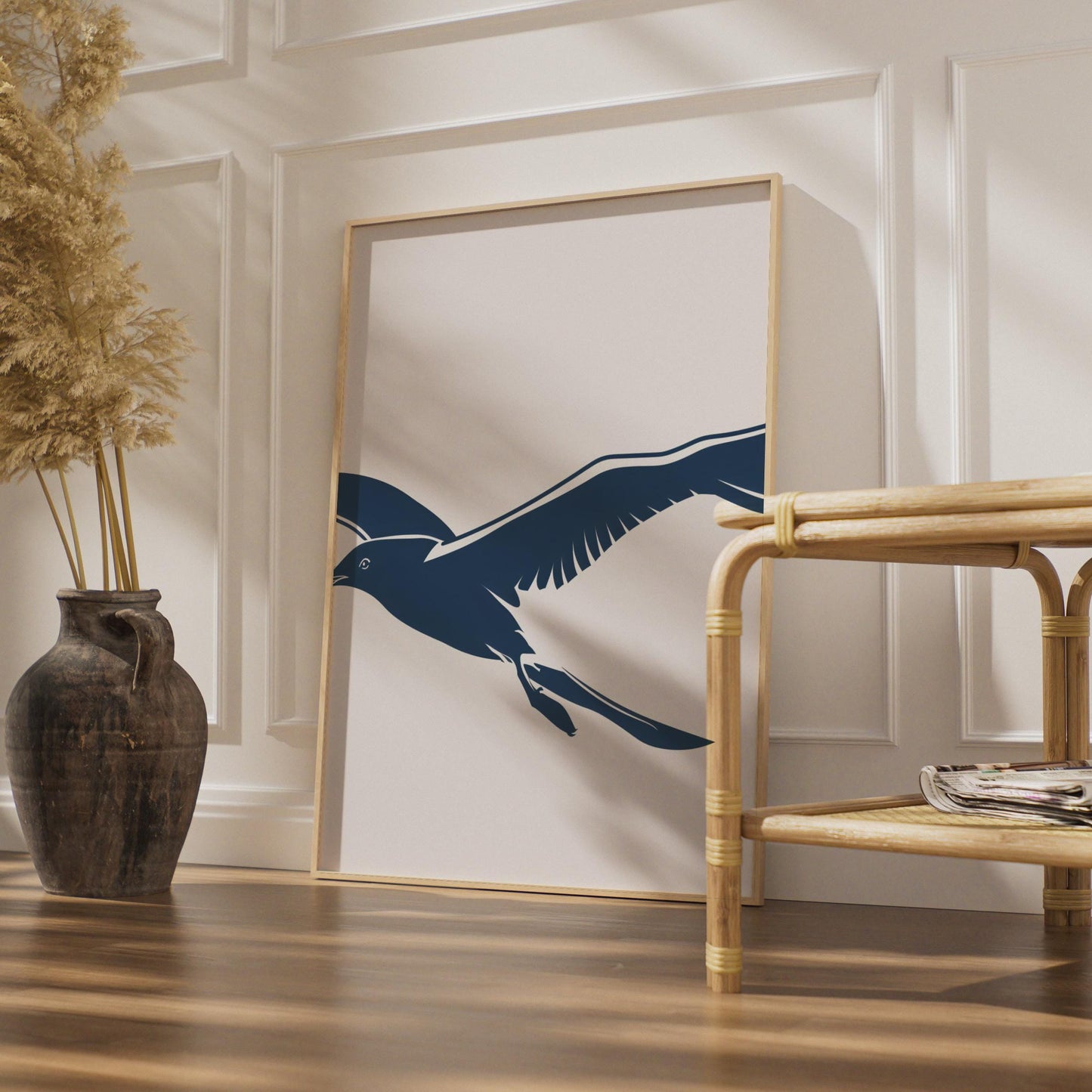 Flying Seagull Poster, Navy Blue Bird Wall Art, Minimalist Coastal Animal Print wall art print