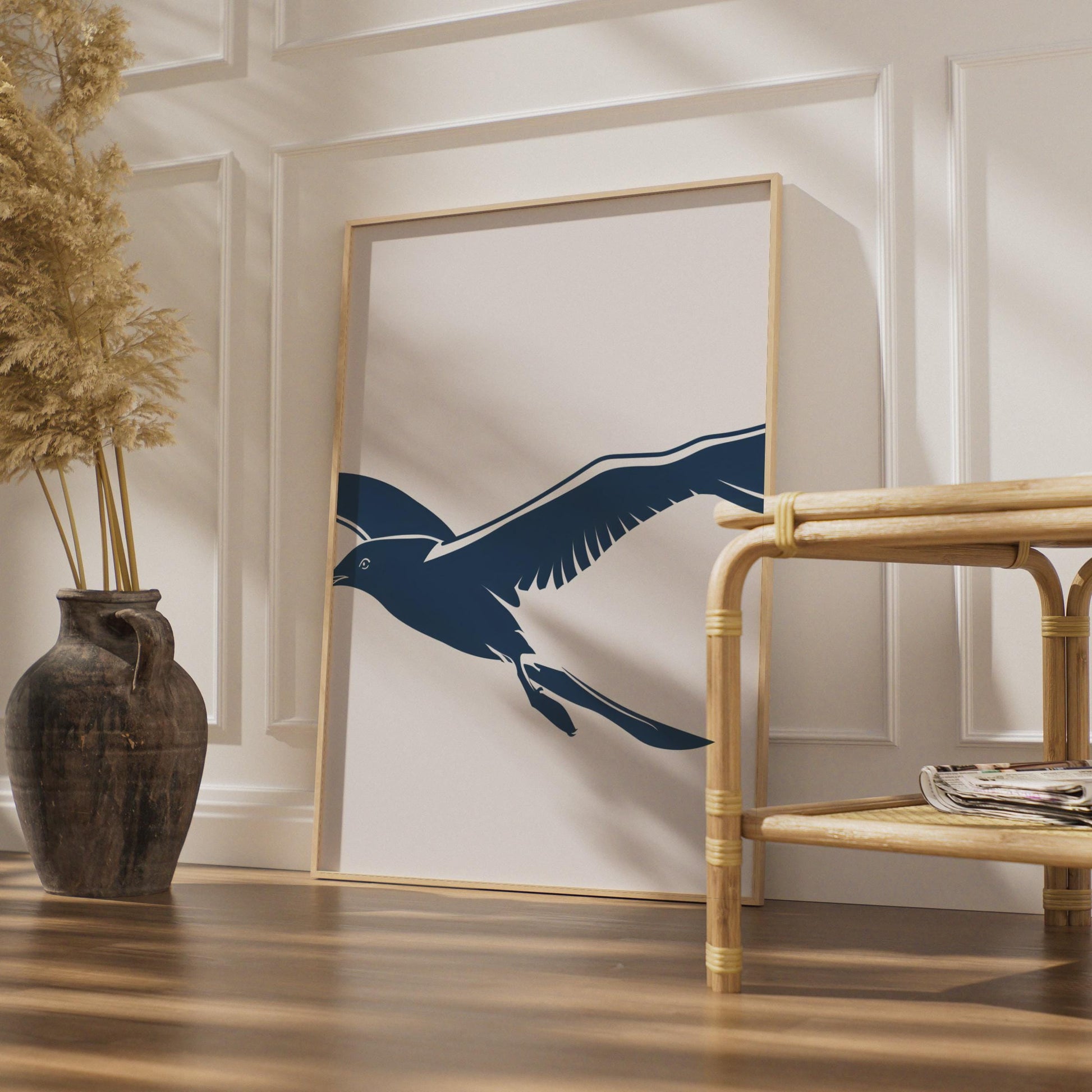 Flying Seagull Poster, Navy Blue Bird Wall Art, Minimalist Coastal Animal Print wall art print