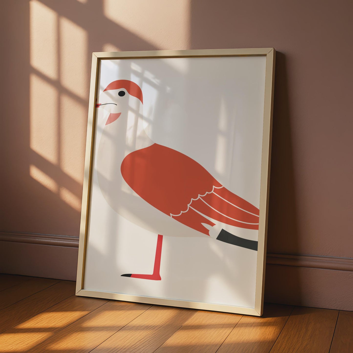 Minimalist Seagull Bird Print, Red White Coastal Wall Art, Modern Animal Illustration wall art print