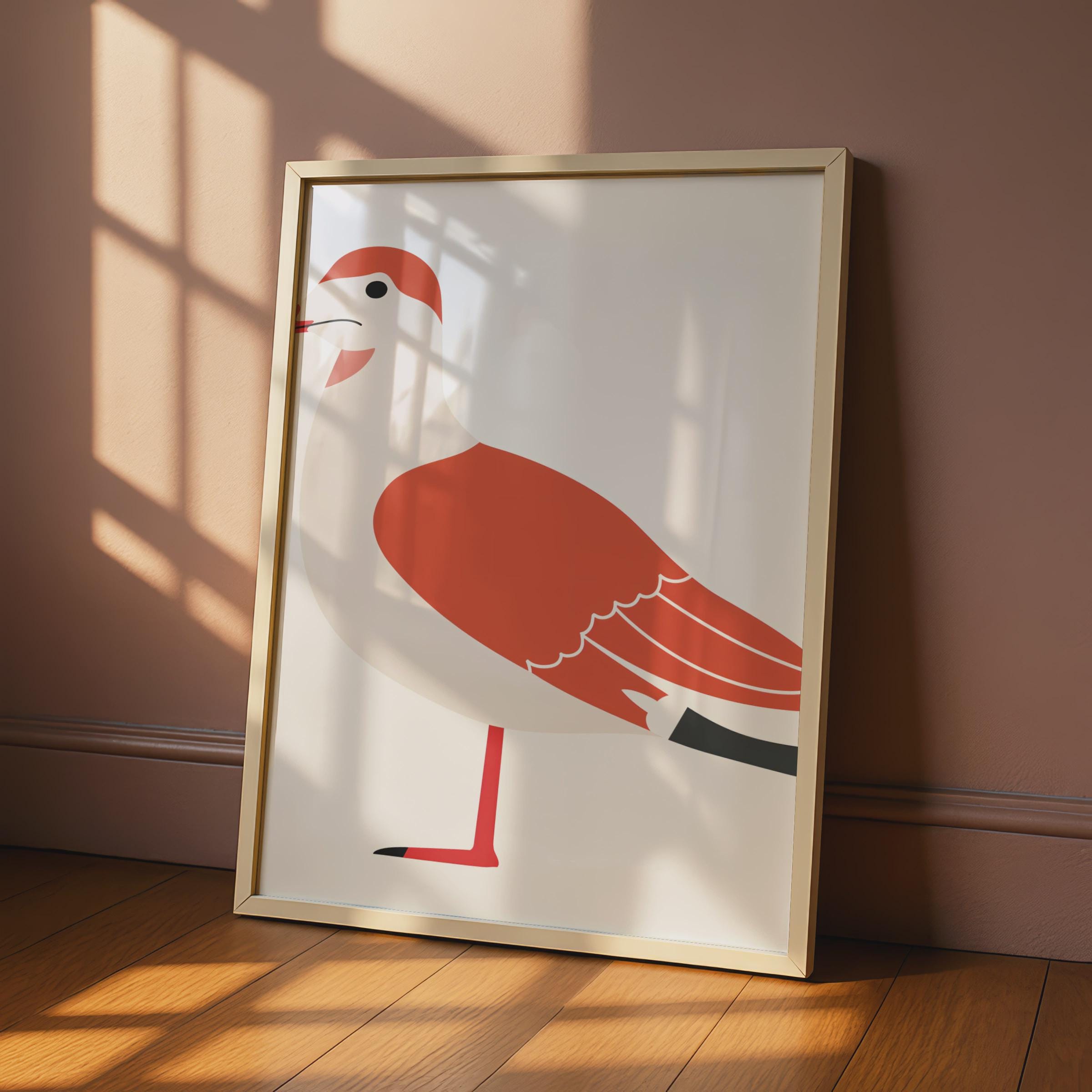 Minimalist Seagull Bird Print, Red White Coastal Wall Art, Modern Animal Illustration wall art print